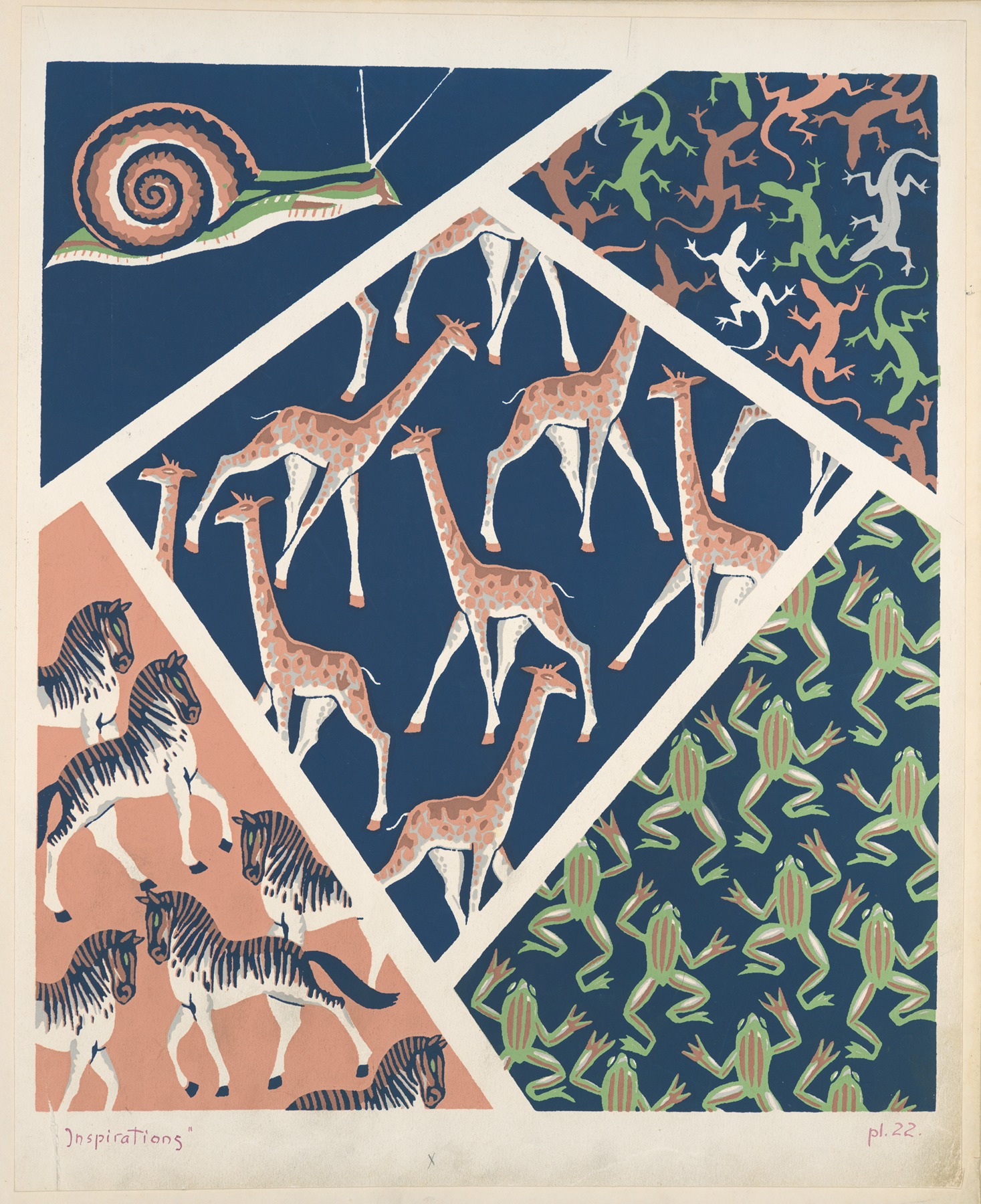 André Durenceau - Five animal form compositions ; snail, iguanas, giraffes, zebras, frogs