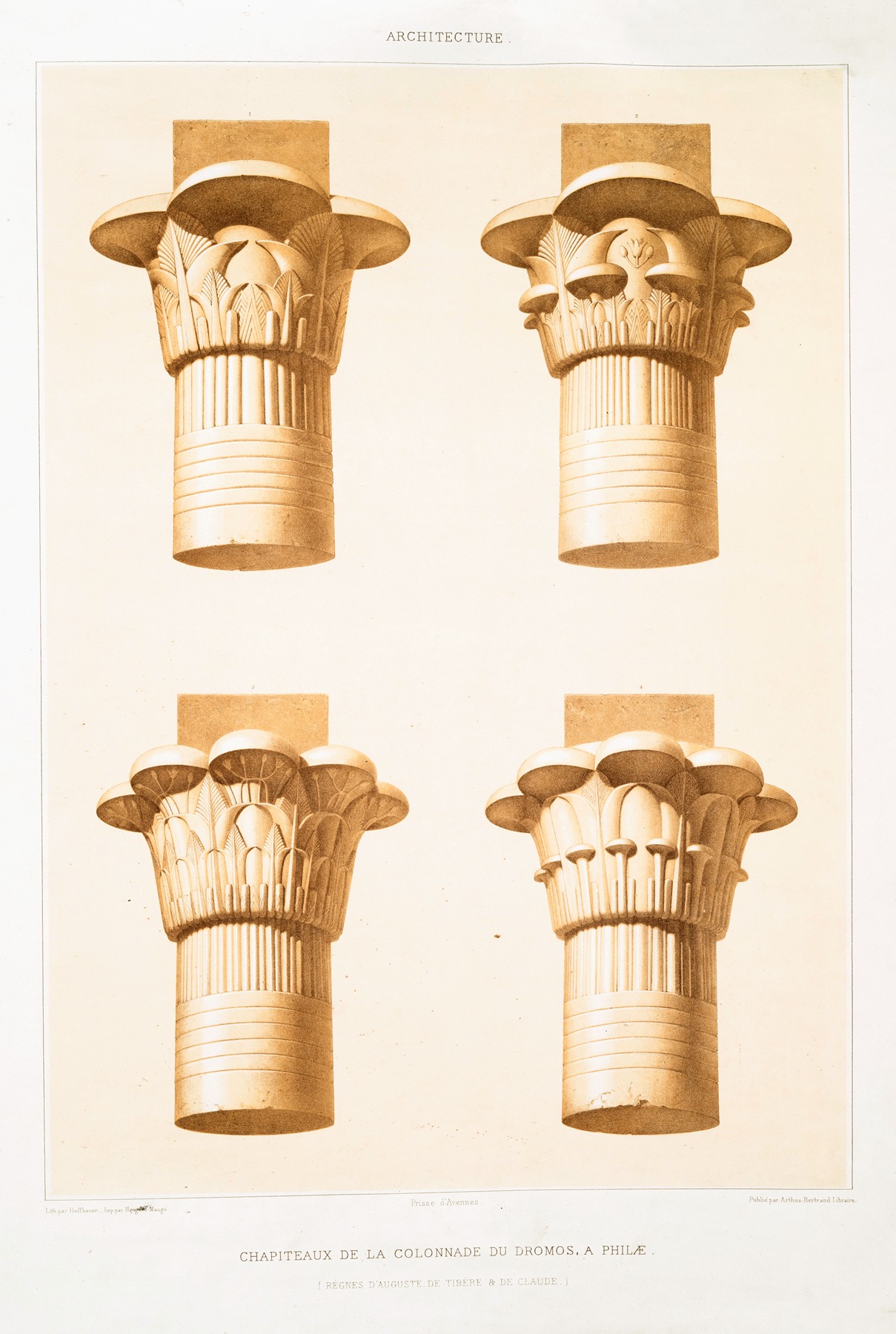 Émile Prisse d'Avennes - Architecture; chapiteaux de la colonnade du dromos, à Philæ (règnes d’Auguste de Tibère & de Claude)