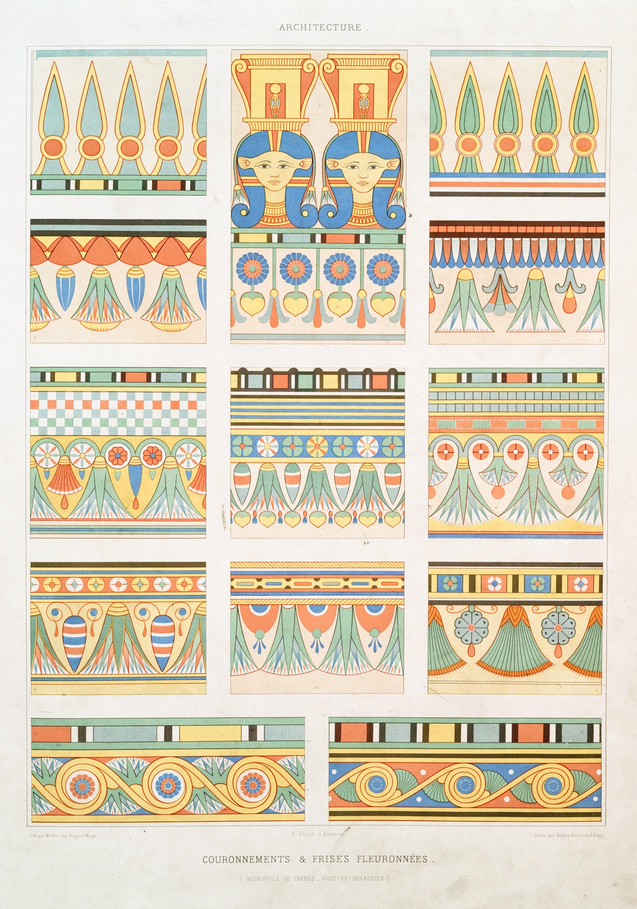 Émile Prisse d'Avennes - Architecture; couronnements & frises fleuronnées (nécropole de Thèbes –XVIIIe. – XXe. dynasties)
