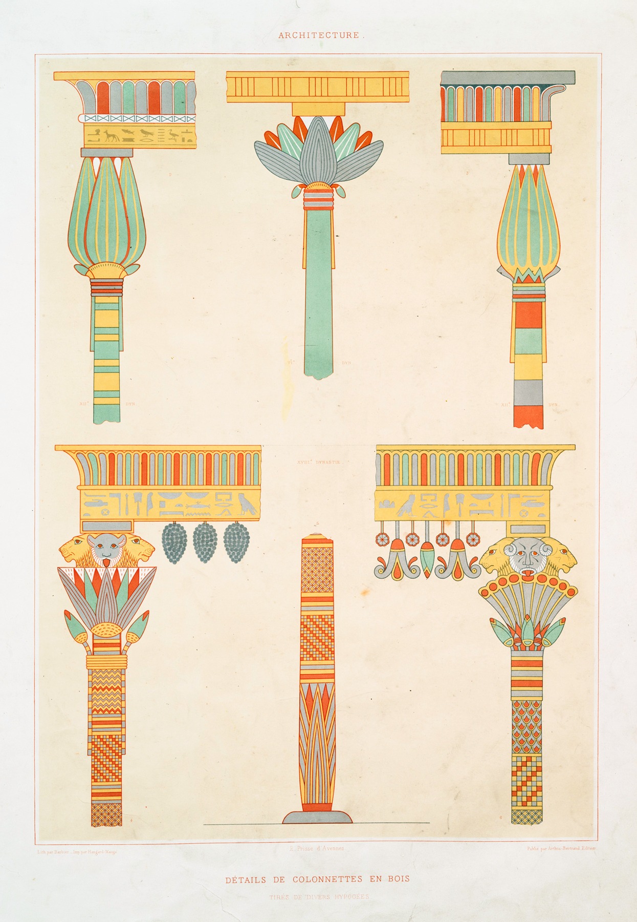 Émile Prisse d'Avennes - Architecture; détails de colonnettes en bois (tirés de divers hypogées)