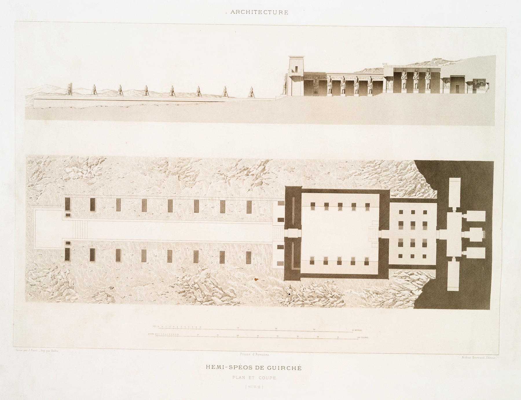 Émile Prisse d'Avennes - Architecture; hemi-spéos de Guirché ; plan et coupe (Nubie)
