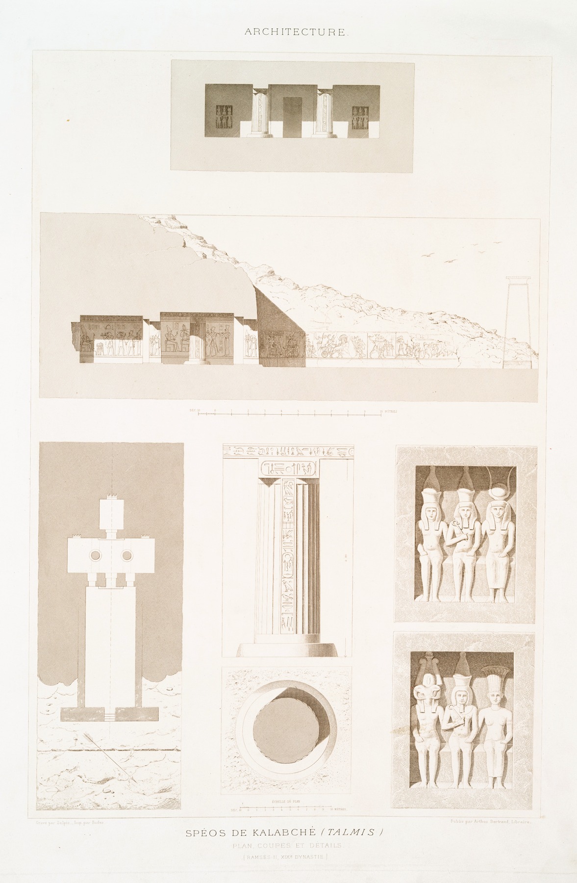 Émile Prisse d'Avennes - Architecture; spéos de Kalabché (Talmis) ; plan, coupes et détails (Ramsès II, XIXe. dynastie)