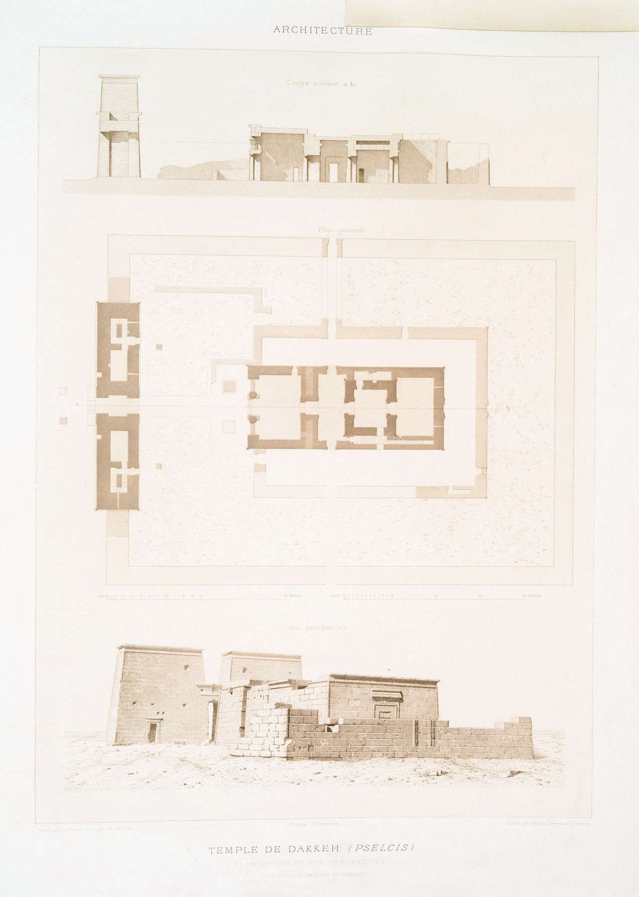 Émile Prisse d'Avennes - Architecture; Temple de Dakkeh (Pselcis) ; plan, coupe et vue perspective (époque ptolémaïque et romaine)