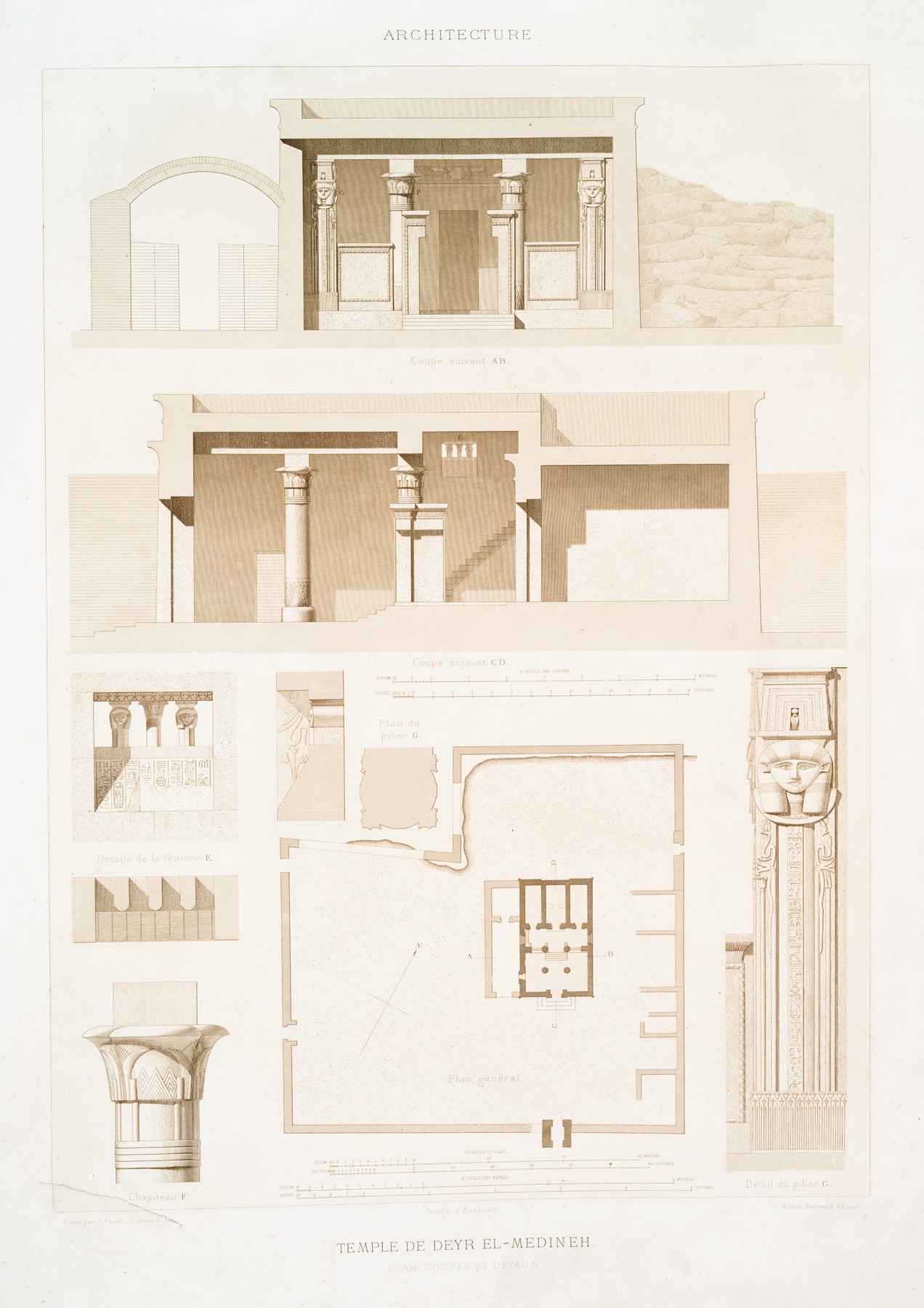 Émile Prisse d'Avennes - Architecture; Temple de Deyr el-Medineh ; plan, coupes et détails
