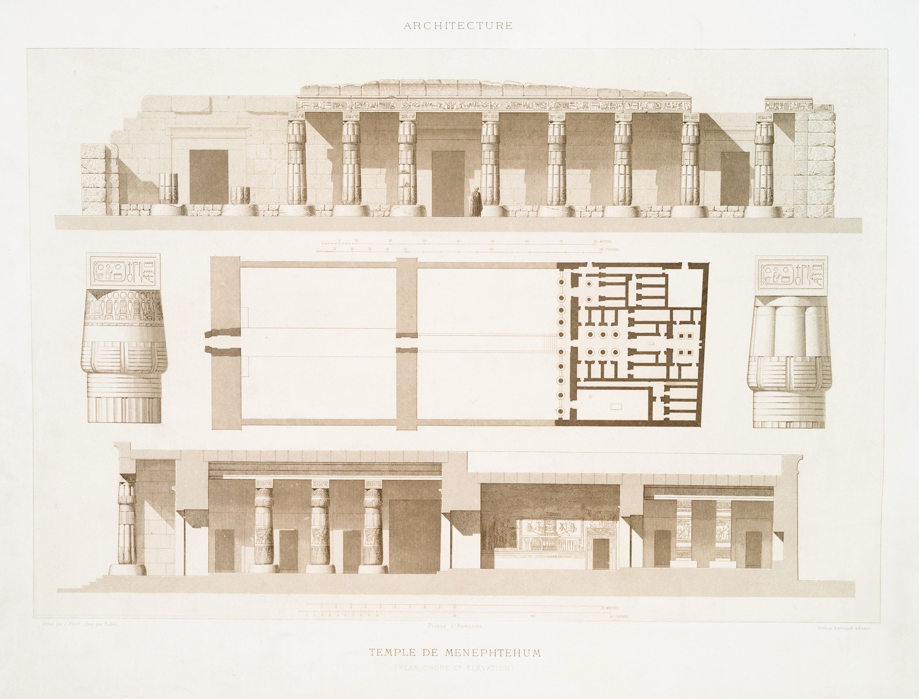 Émile Prisse d'Avennes - Architecture; Temple de Menephtehum (plan, coupe et élévation)