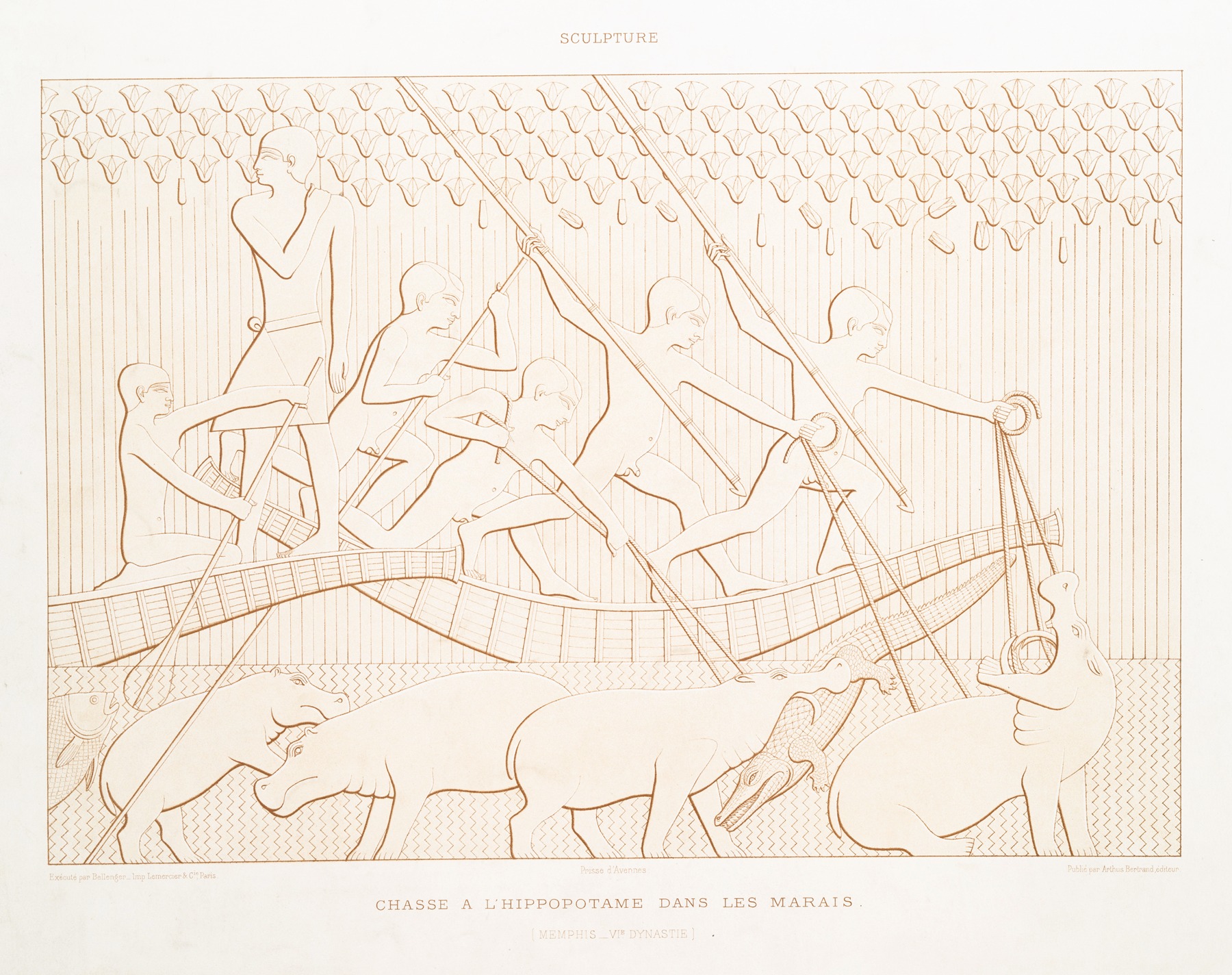 Émile Prisse d'Avennes - Dessin; chasse à ‘hippopotame dans les marais (Memphis — VIe. dynastie)