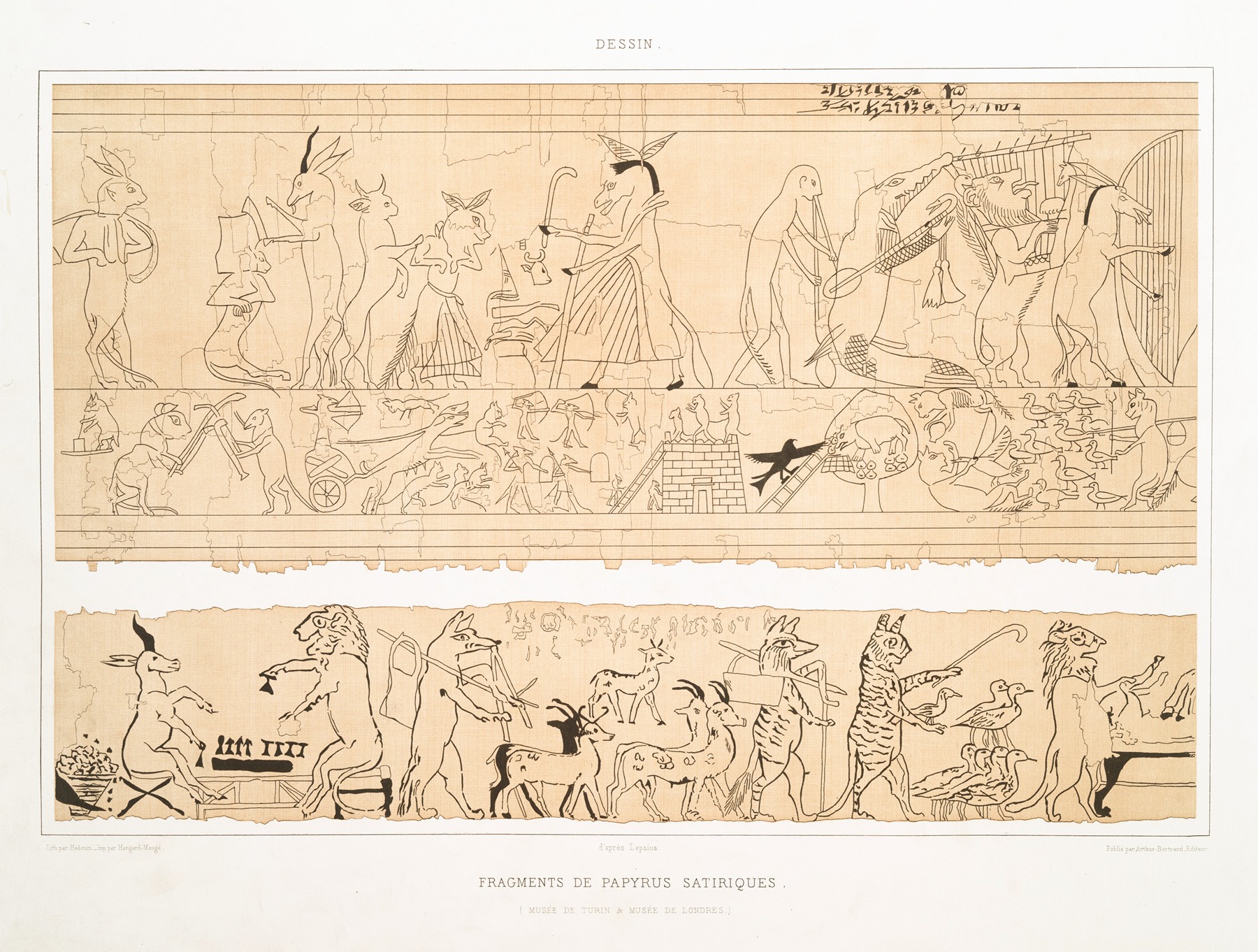 Émile Prisse d'Avennes - Dessin; fragments de papyrus satiriques (Musée de Turin & Musée de Londres)