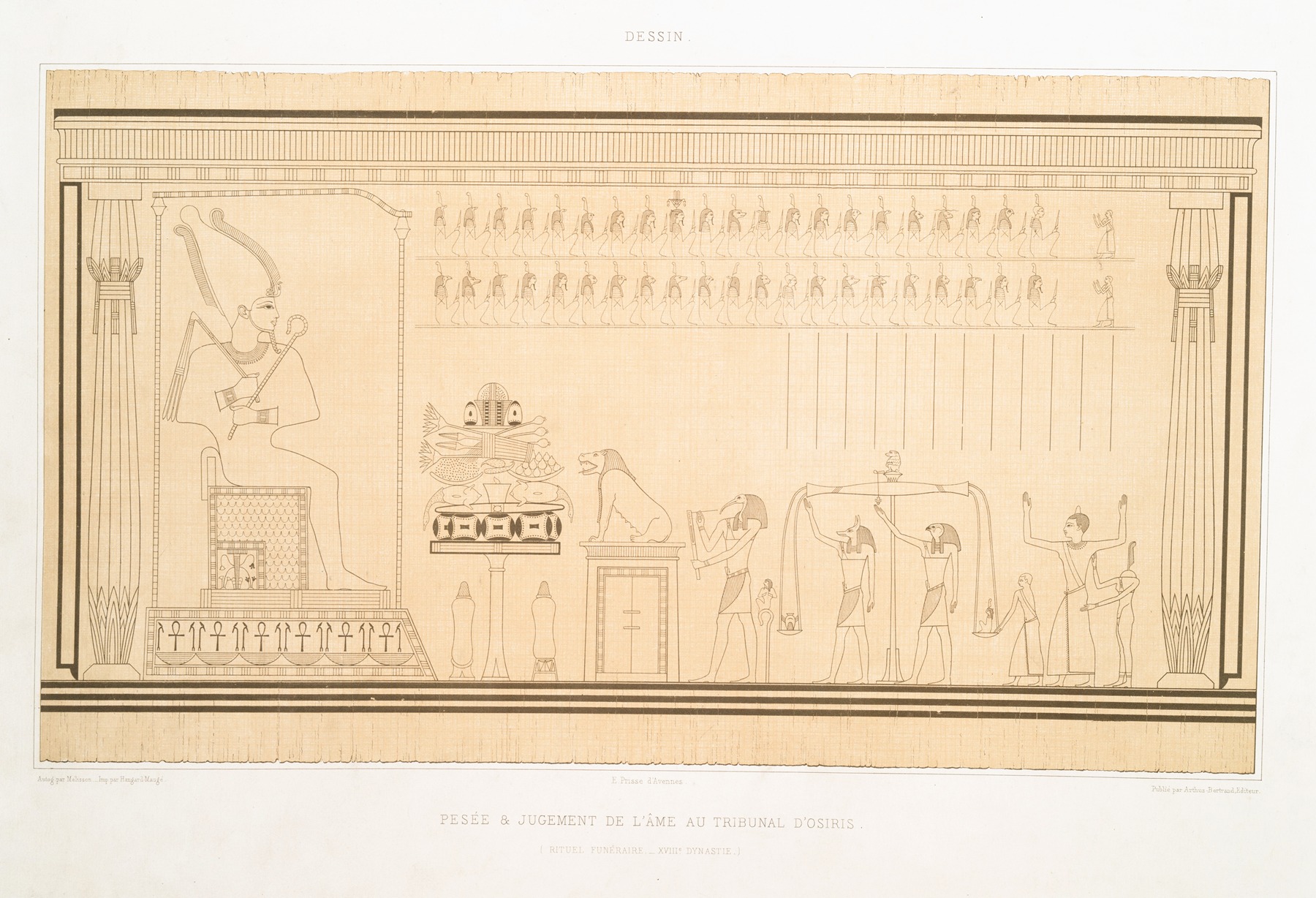 Émile Prisse d'Avennes - Dessin; pesée & jugement de l’âme au tribunal d’Osiris (rituel funéraire — XVIIIe. dynastie)