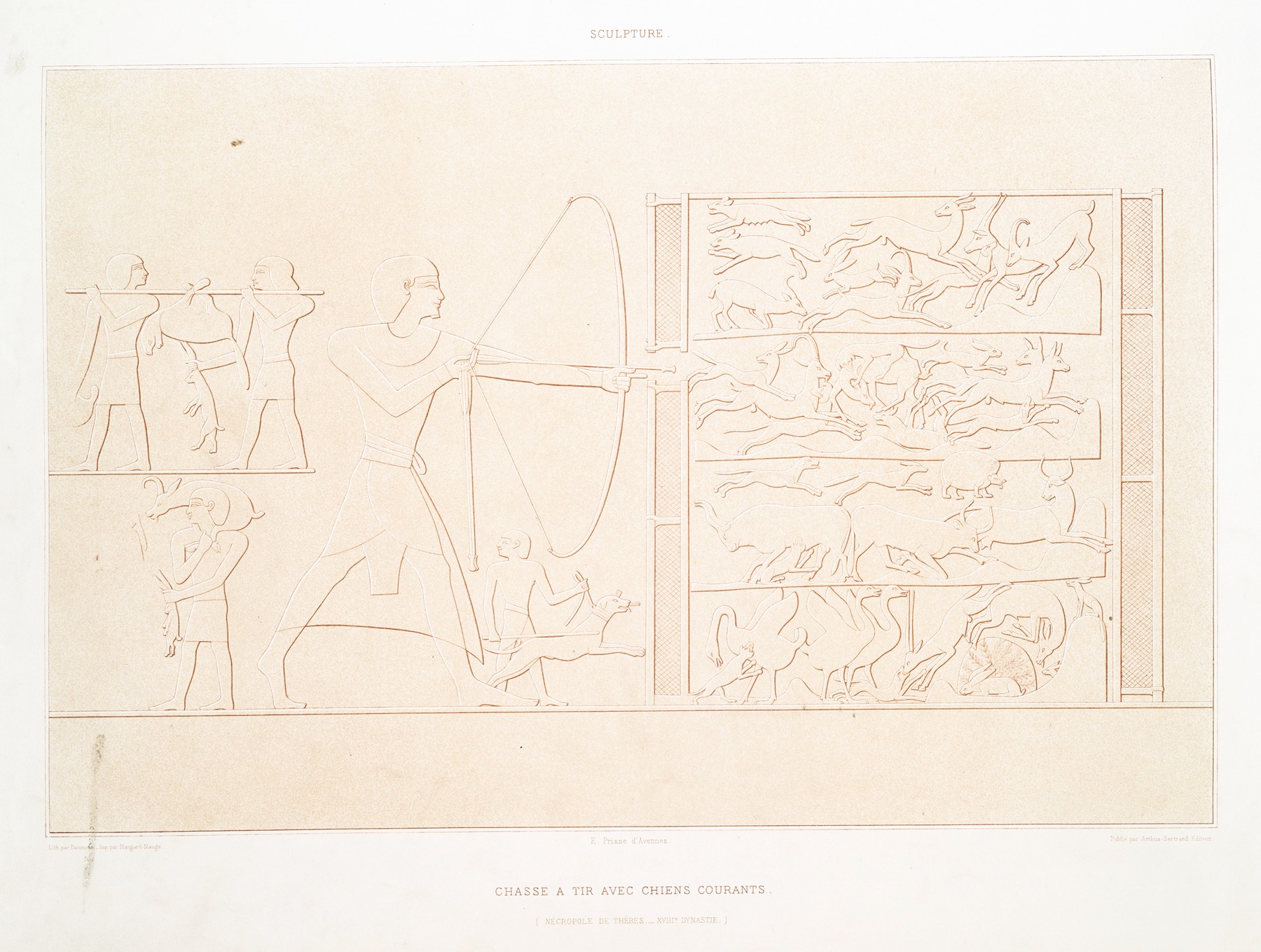 Émile Prisse d'Avennes - Sculpture; chasse à tir avec chiens courants (nécropole de Thèbes — XVIIIe. dynastie)