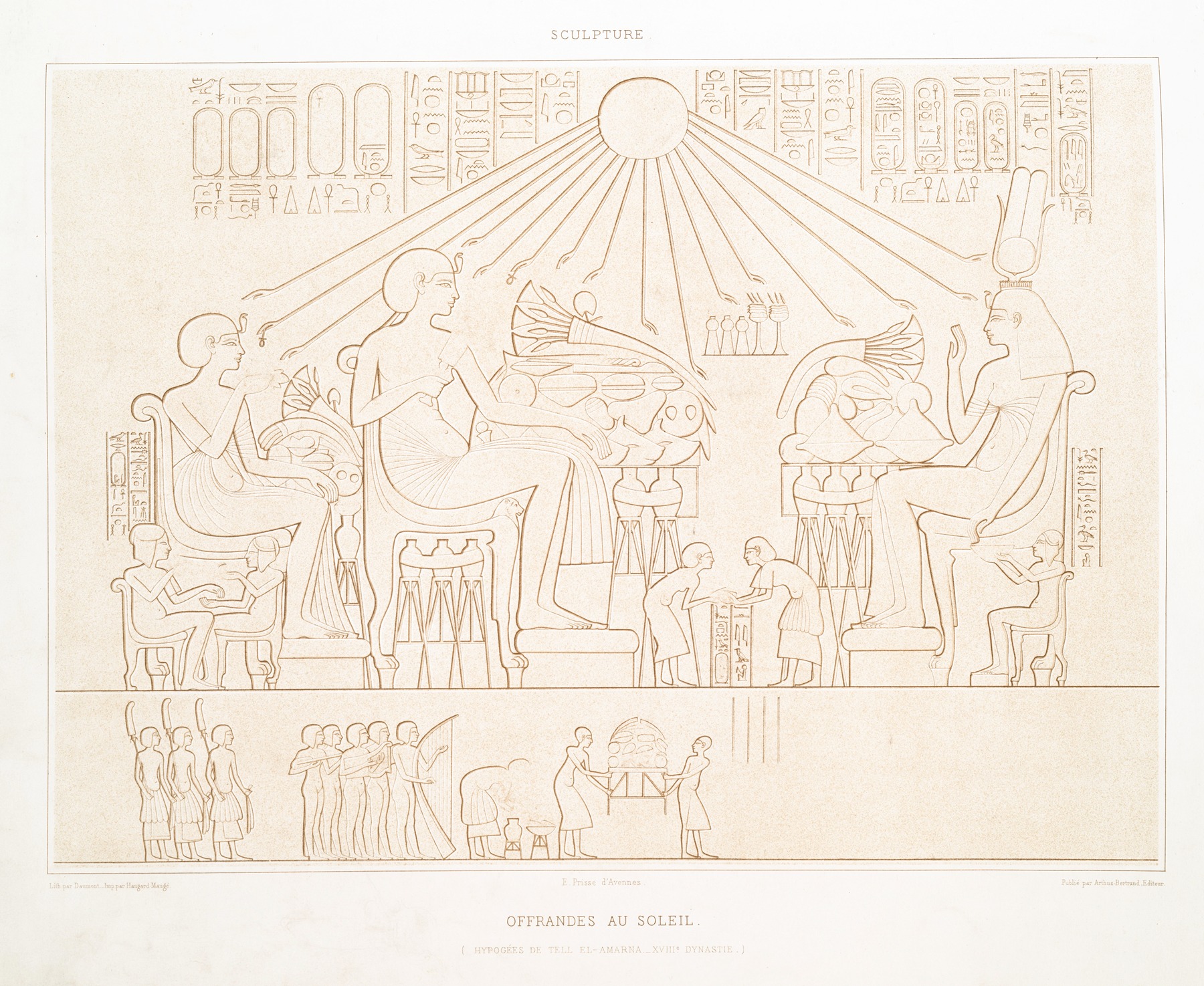 Émile Prisse d'Avennes - Sculpture; offrandes au soleil (hypogées de Tell el-Amarna — XVIIIe. dynastie)