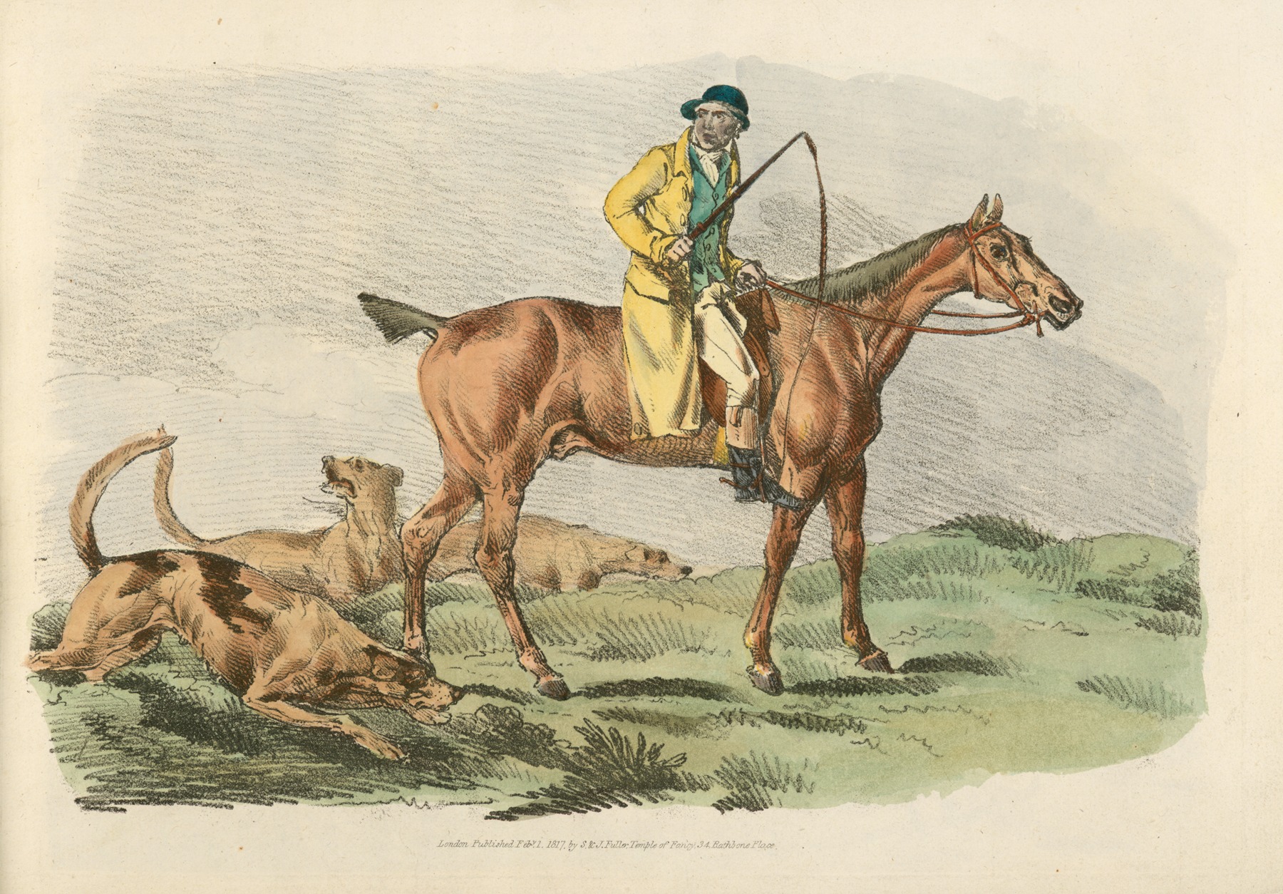 Henry Thomas Alken - Mounted hunter with three hounds running behind