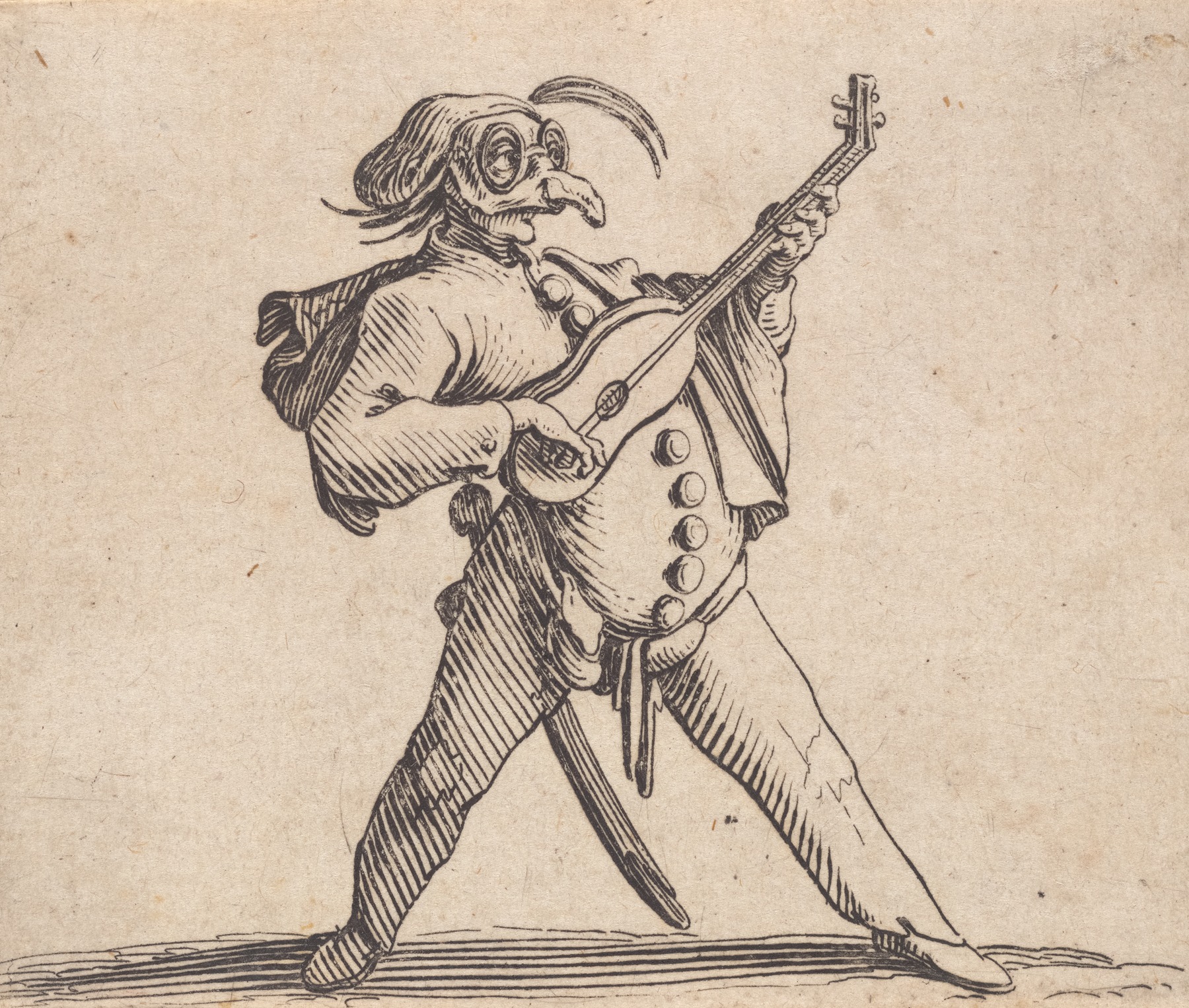 Jacques Callot - Le comédien masqué, avec lunettes, et jouant de la guitare