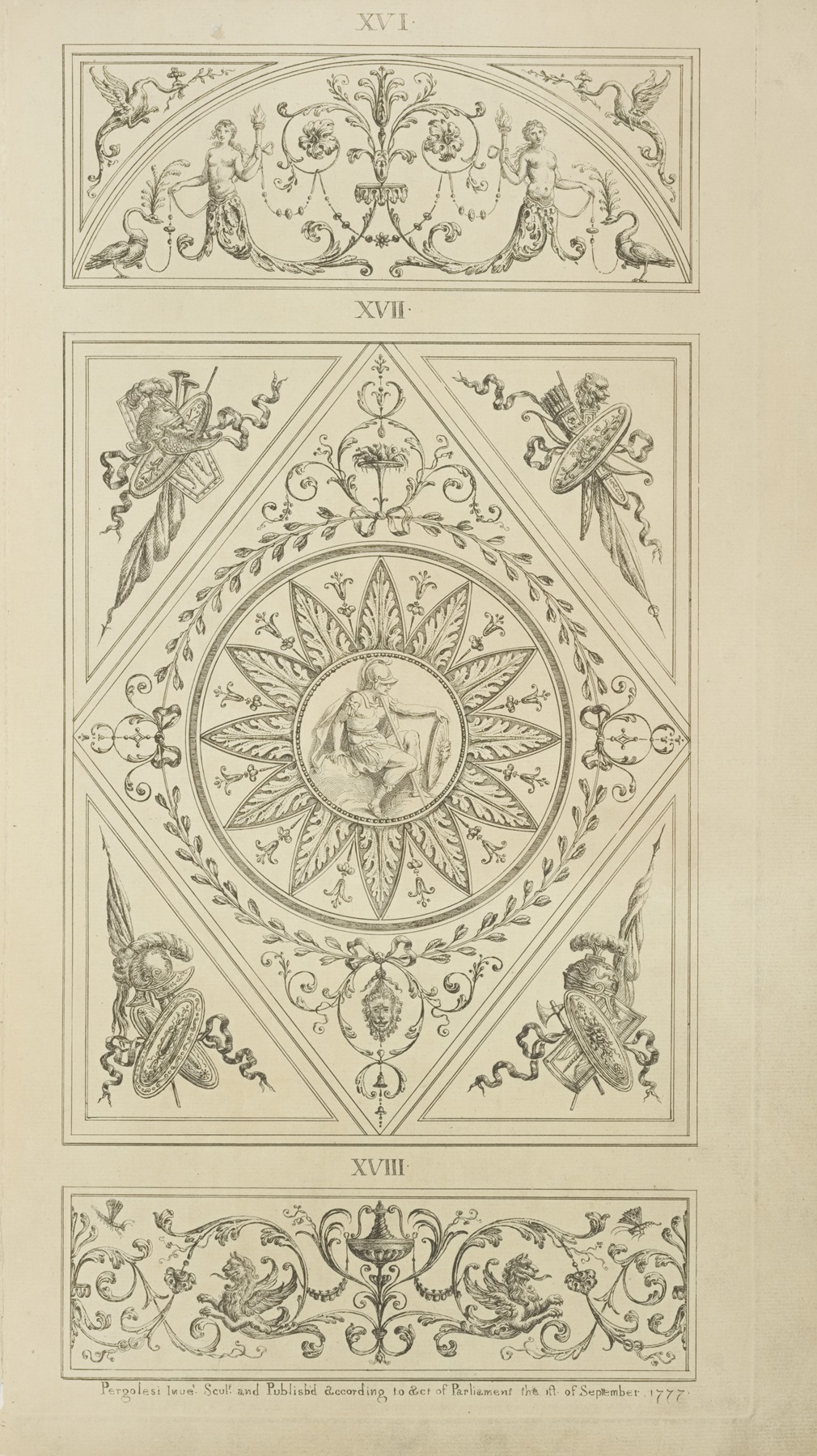 Michael Angelo Pergolesi - Center design of twelve-leafed floral shape with central design of classical soldier.