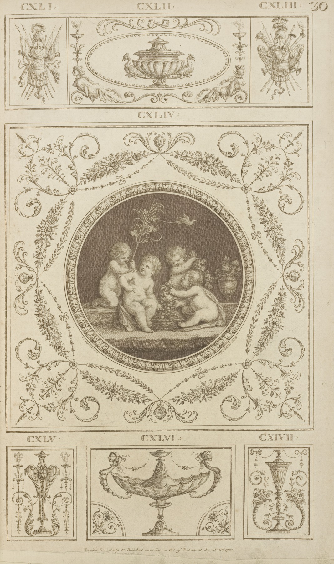 Michel Angelo Pergolesi - Central design of four cherubs with basket of fruit and leaves, small bird overhead.