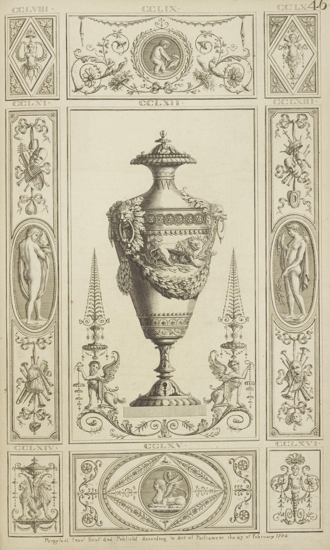 Michel Angelo Pergolesi - Central design of urn with designs of lions and garlands.