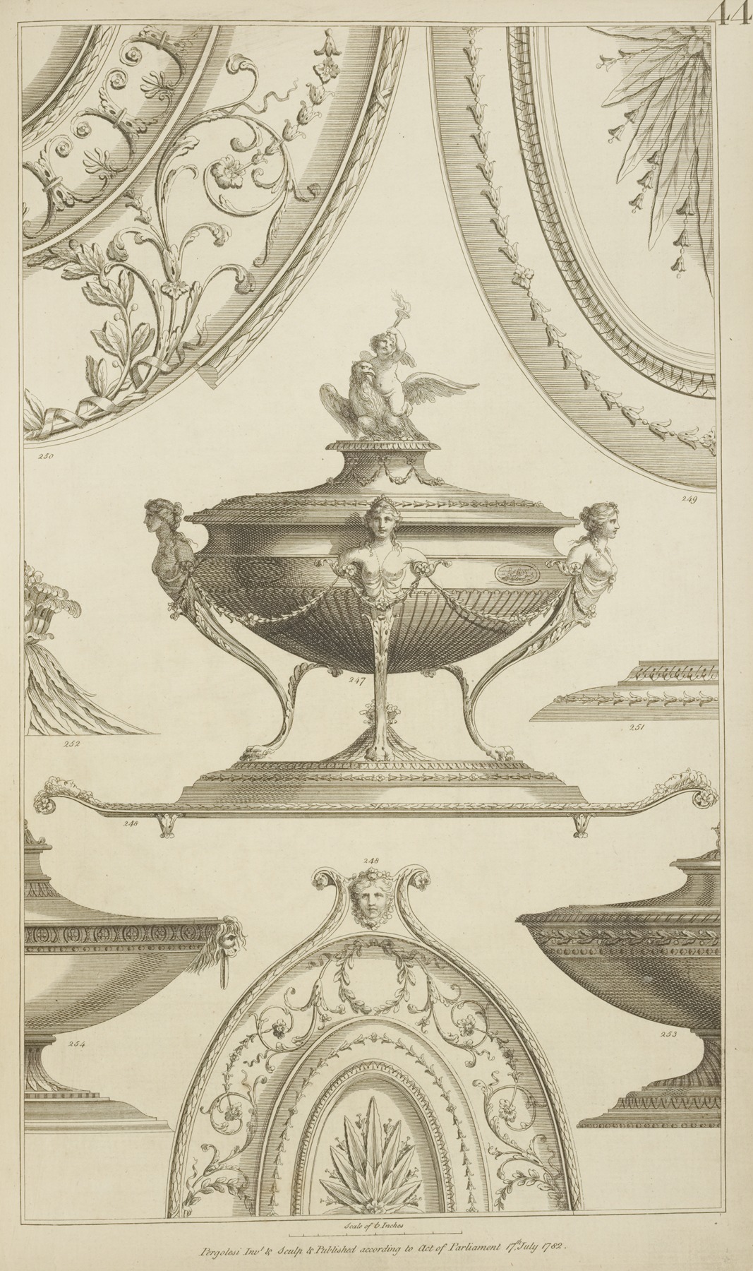 Michel Angelo Pergolesi - Central design of urn with designs of women’s torsos and cherub and eagle on the lid.