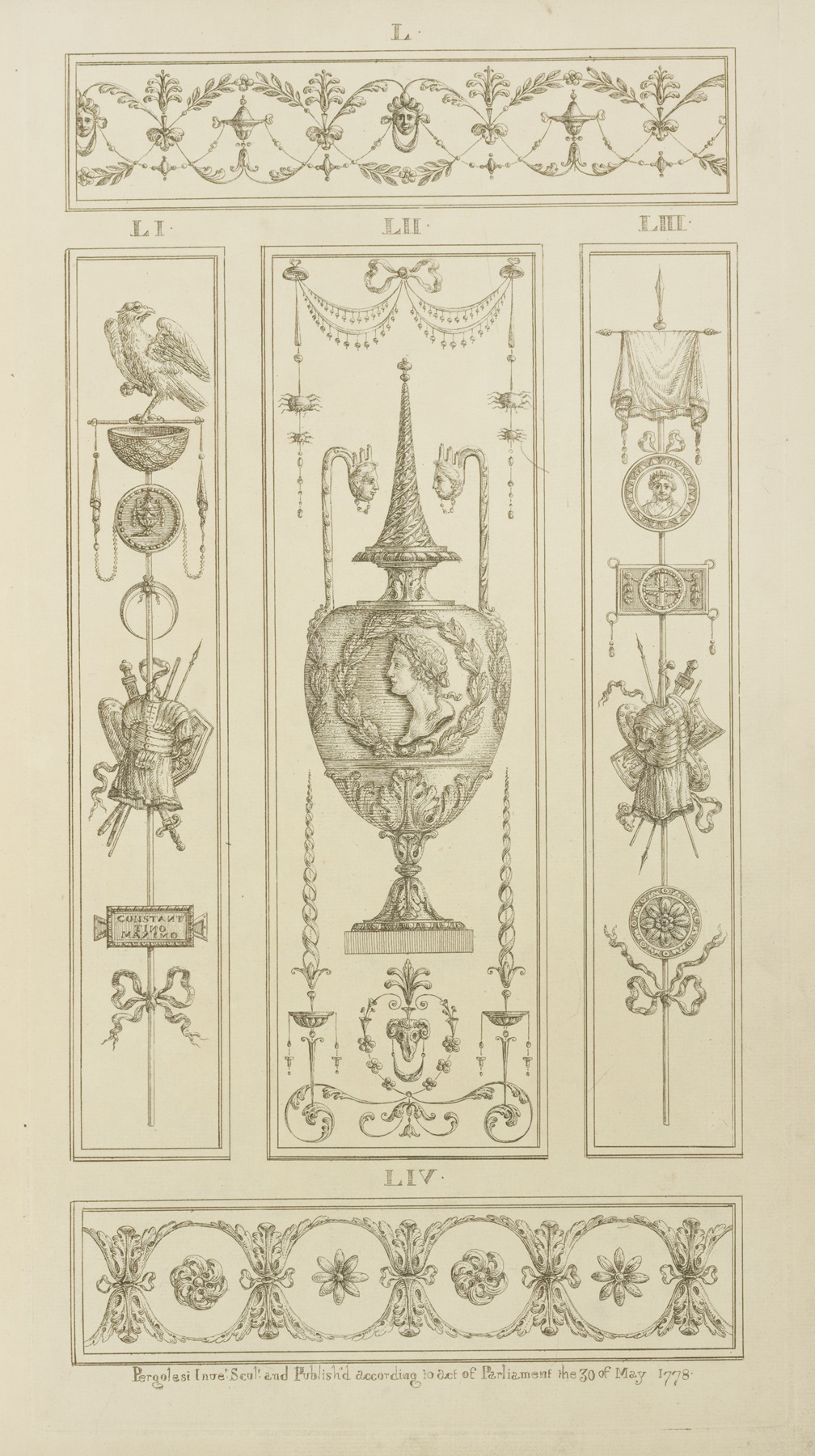 Michel Angelo Pergolesi - Central design of urn with garland and man’s bust, and two long handles with faces.