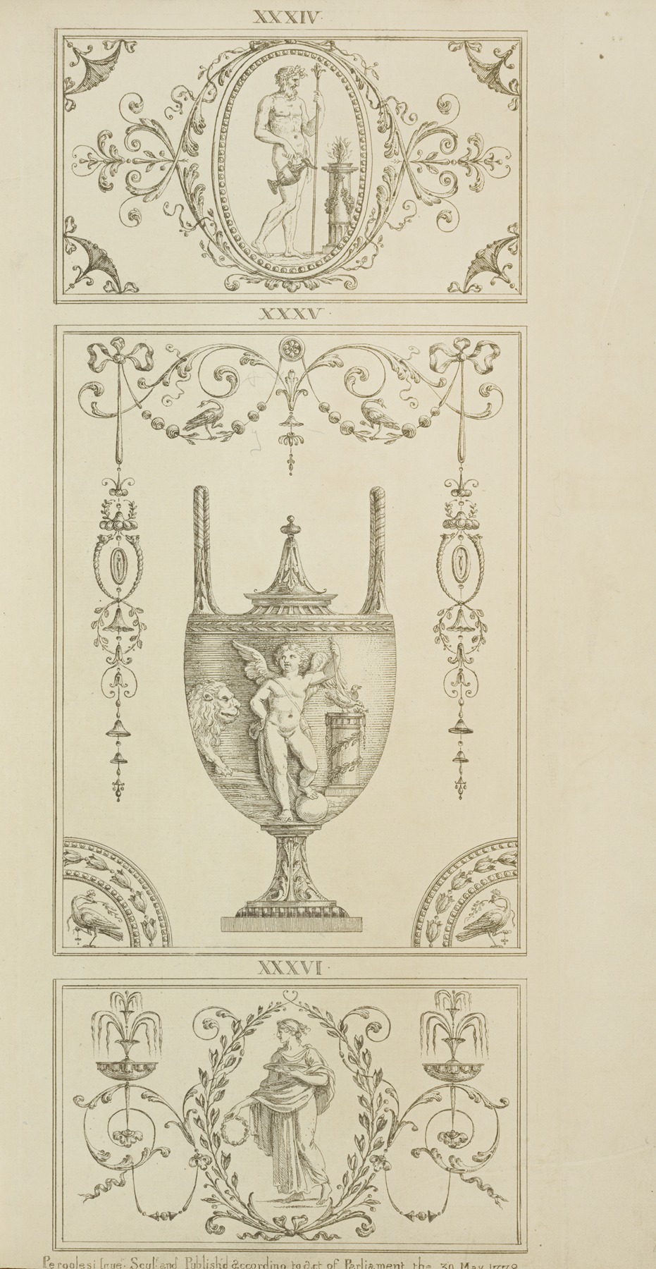 Michel Angelo Pergolesi - Central design of urn; cherub holding two birds, next to a lion.