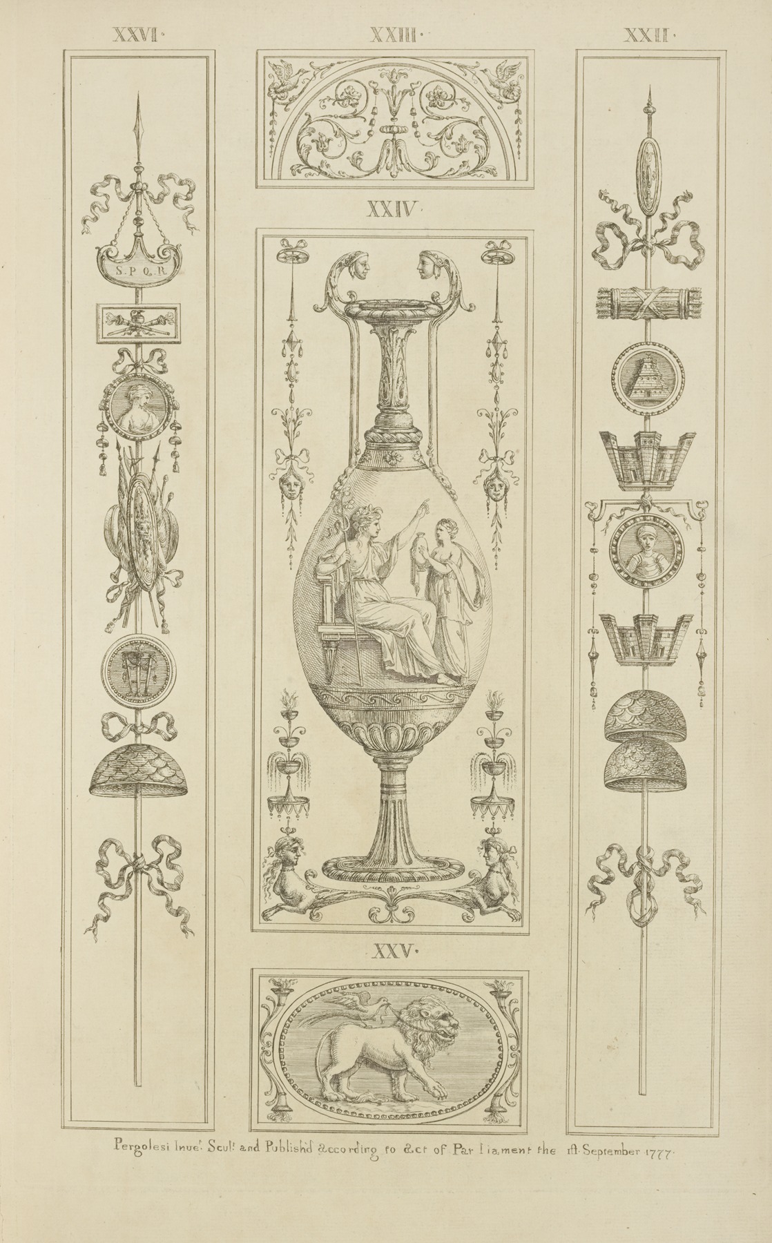 Michael Angelo Pergolesi - Central design of vase; seated goddess pointing at woman with urn.