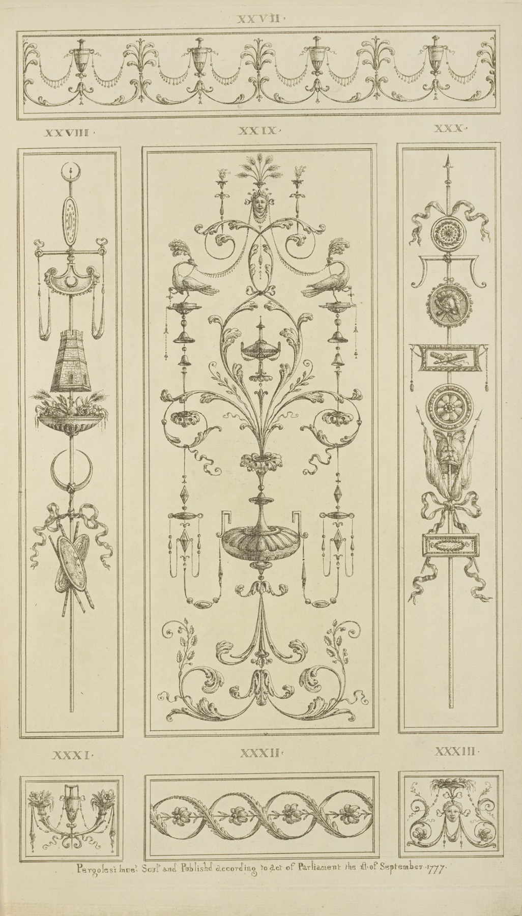 Michel Angelo Pergolesi - Central ornamental design with birds, faces, and vegetal shapes.