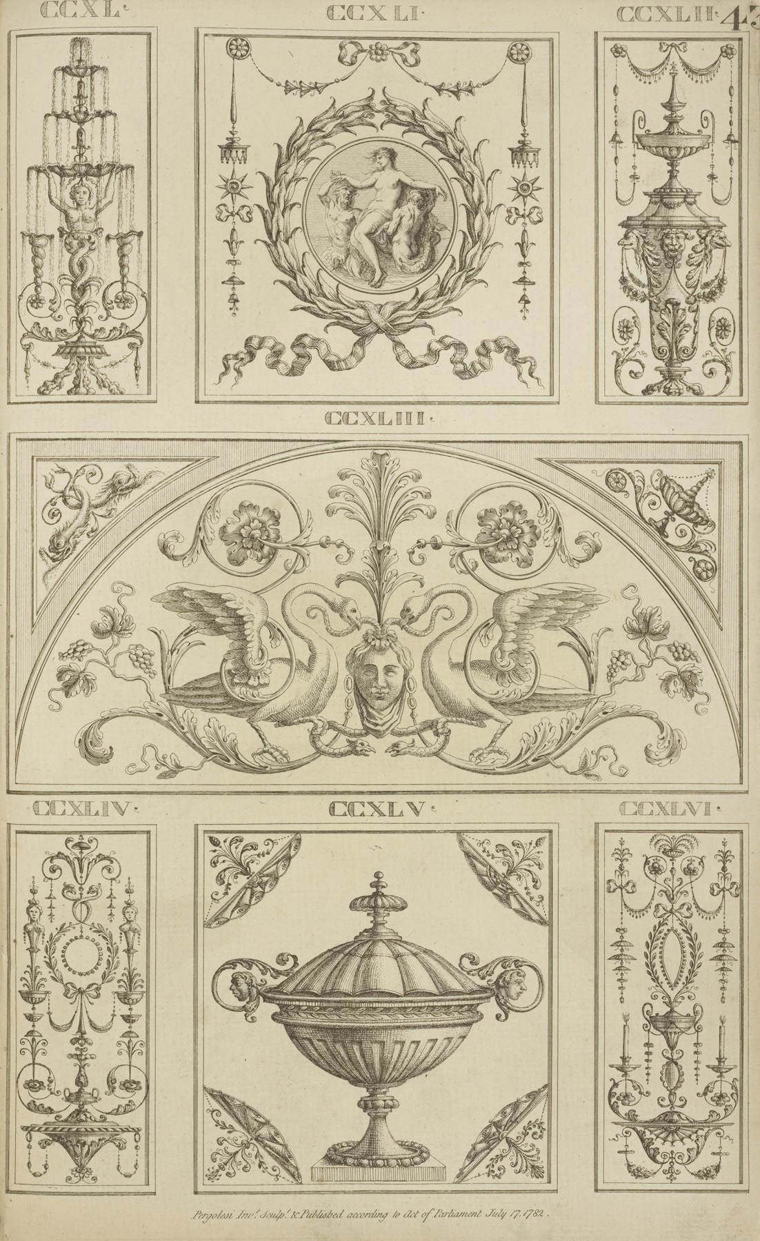 Michel Angelo Pergolesi - Central tympanum-shaped design with two swans and a woman’s face.