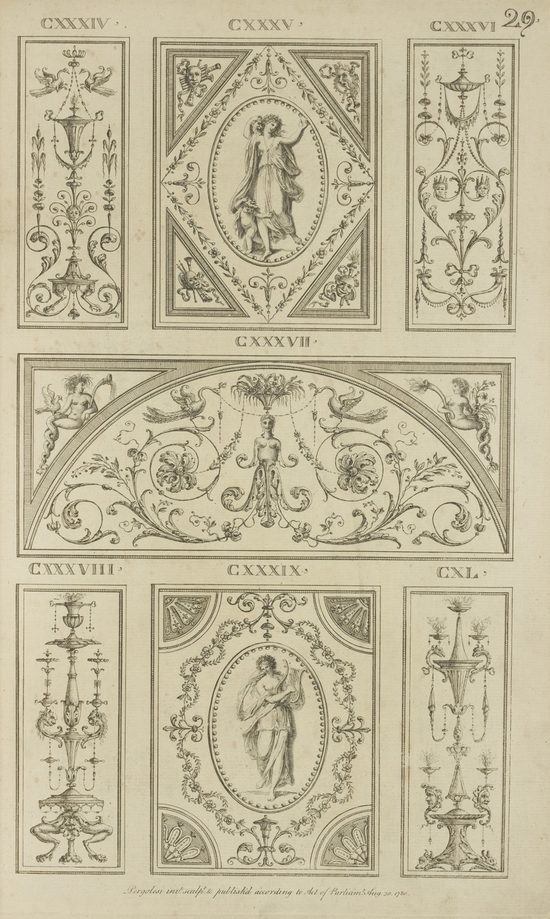 Michel Angelo Pergolesi - Central tympanum-shaped design with woman’s torso and curling vegetal shapes.