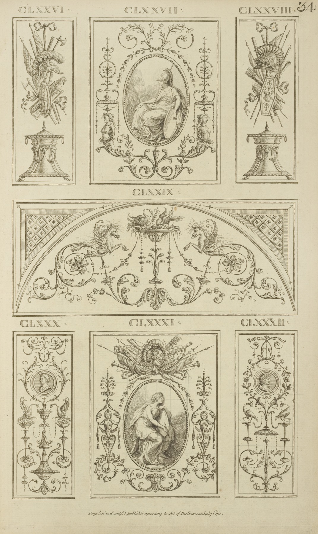 Michel Angelo Pergolesi - Central tympanum-shaped ornamental design with curling vegetal shapes, sea-monsters, and birds.