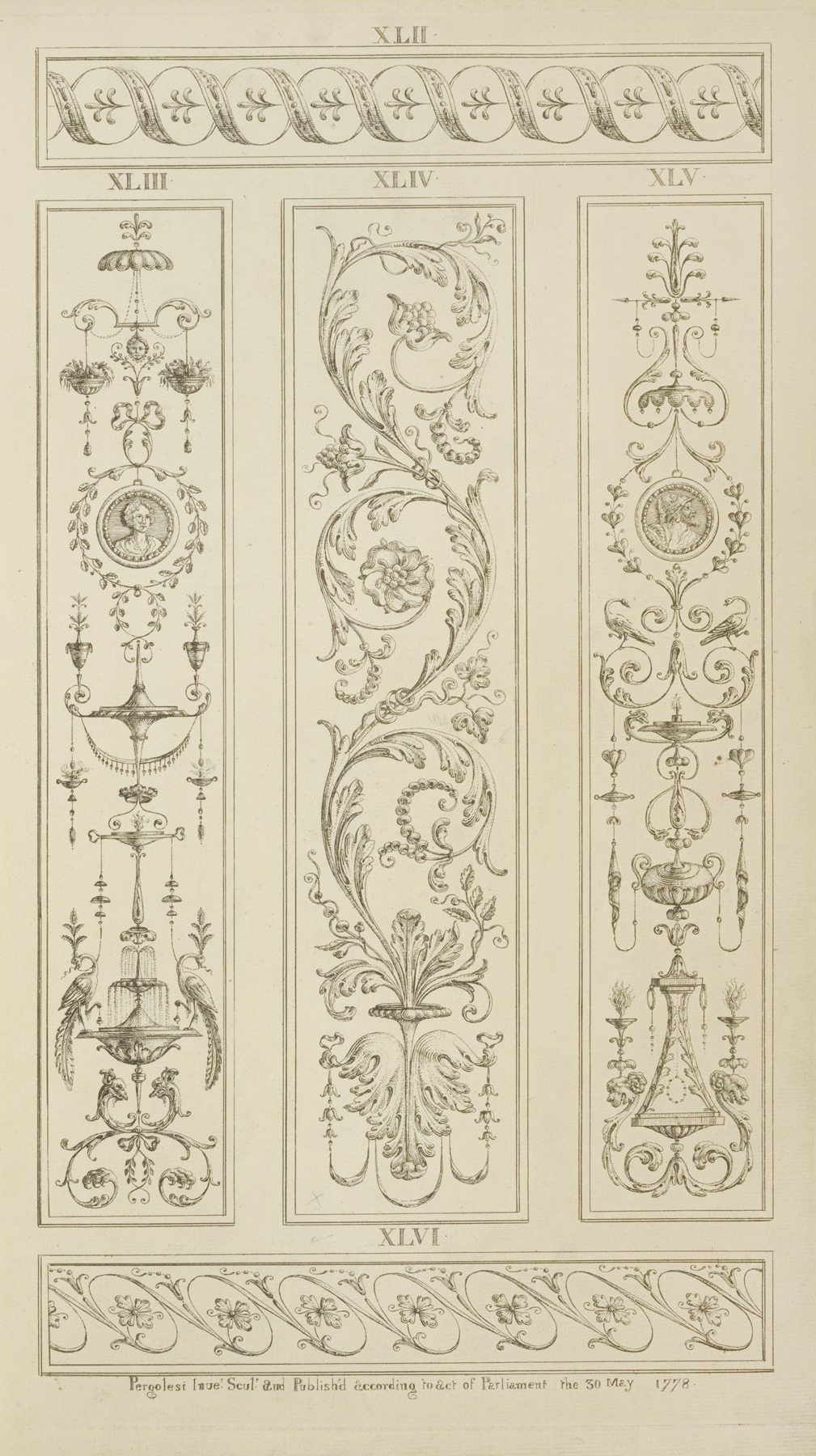 Michel Angelo Pergolesi - Three central vertical ornamental designs of vegetal shapes and leaves.