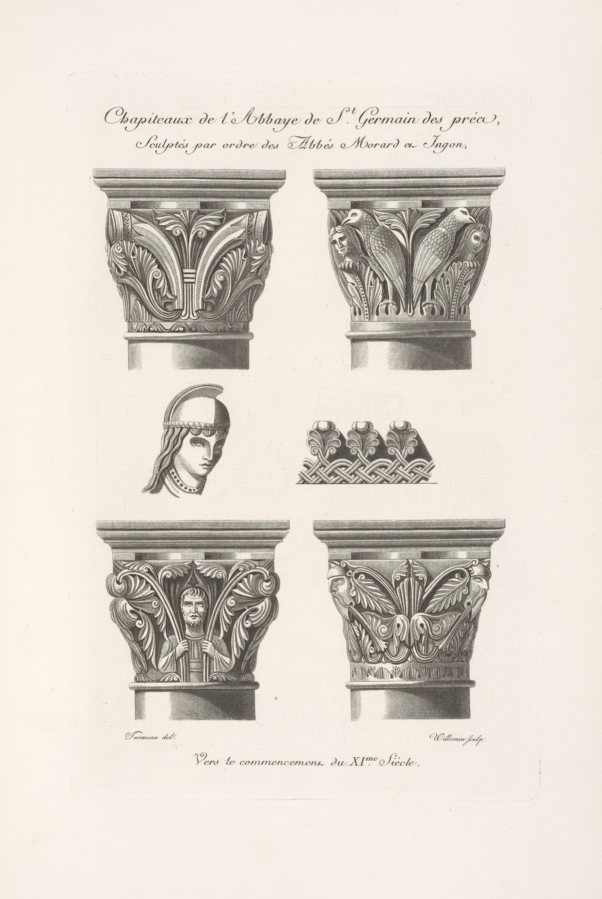 Nicolas Xavier Willemin - Chapiteaux de l’abbaye de St. Germain des près, sculptés par ordre des abbés Morard et Ignon, vers le commencement du XIme. siècle.