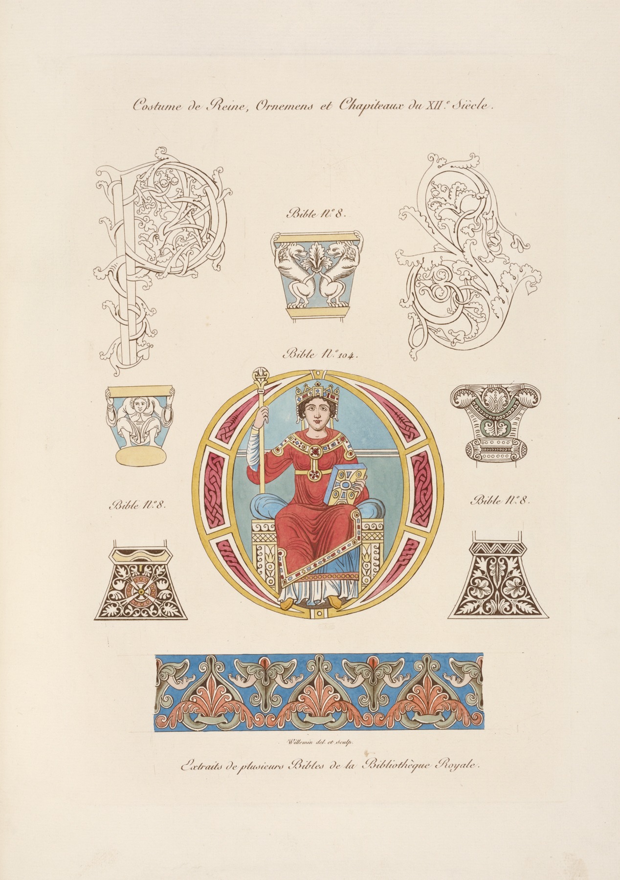 Nicolas Xavier Willemin - Costume de reine, ornemens et chapiteaux du XIIe. siècle.