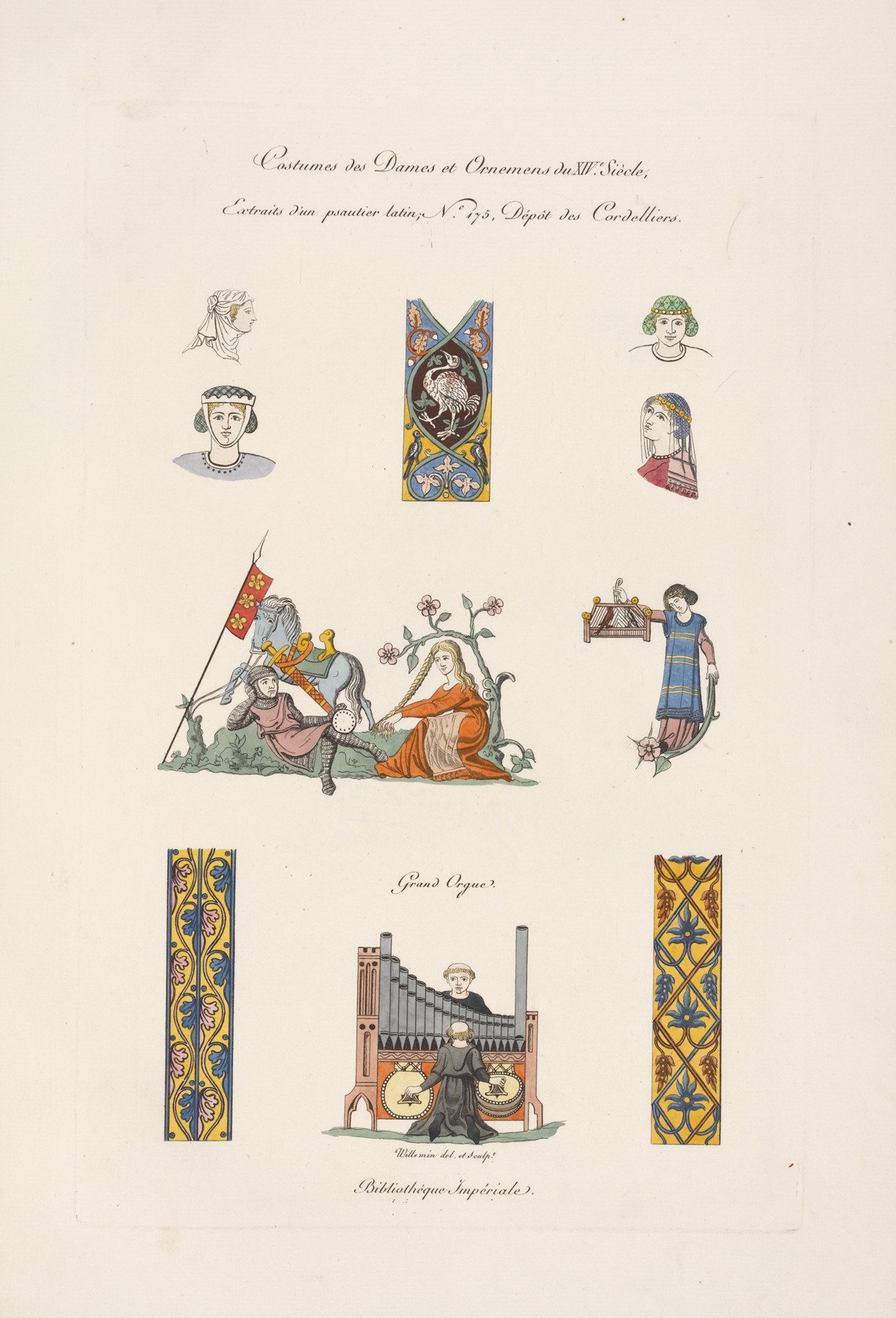 Nicolas Xavier Willemin - Costumes des dames et ornemens du XIVe. siècles, extraits d’un psautier latin, No. 175, dépôt des Cordelliers.