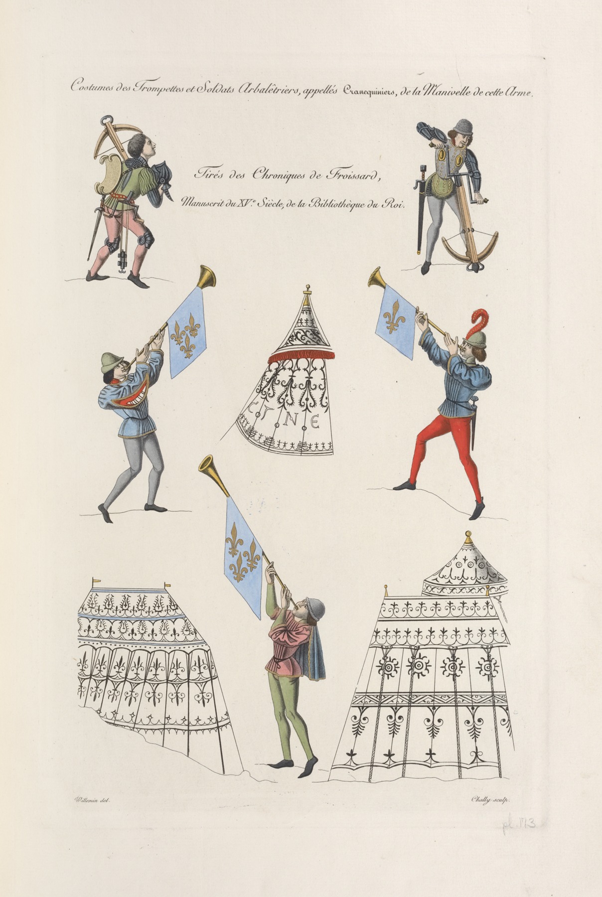 Nicolas Xavier Willemin - Costumes des trompettes et soldats arbalêtriers, appellés cranequiniers, de la manivelle de cette arme