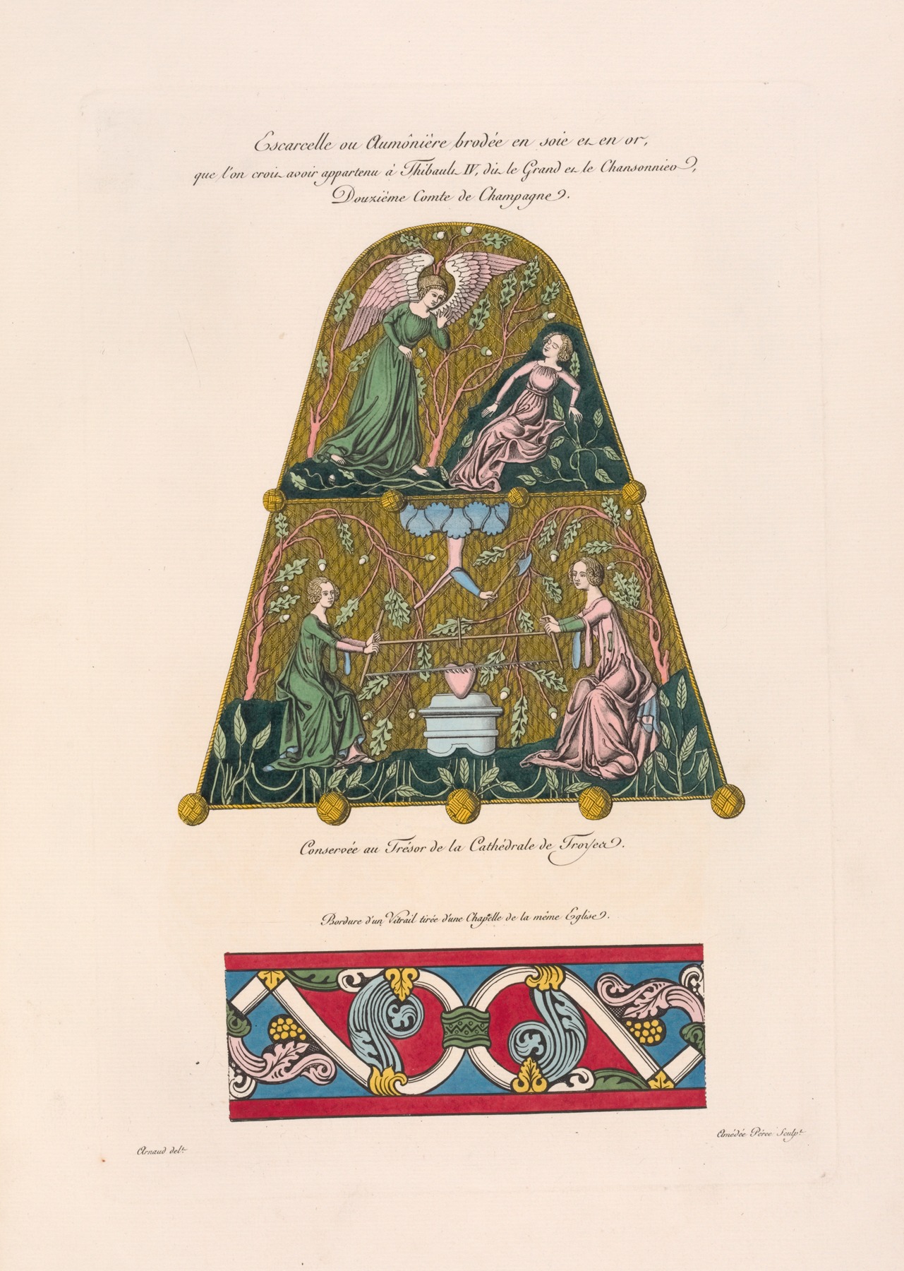 Nicolas Xavier Willemin - Escarcelle ou aumônière brodée en soie et en or, que l’on crois avoir appartenu à Thibault IV, dit le grand et le chansonnier, douzième comte de Champagne.