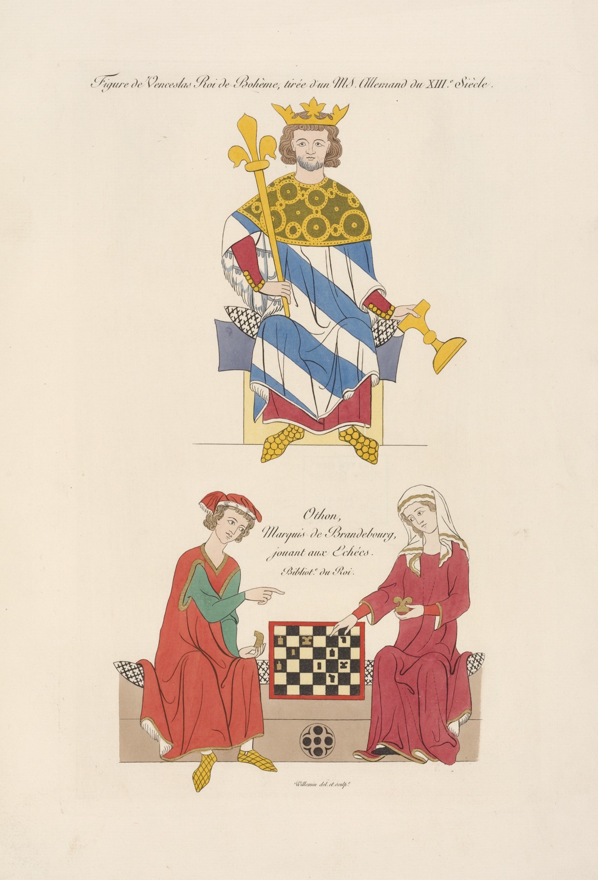 Nicolas Xavier Willemin - Figure de Venceslas roi de Bohème, tirée d’un MS. allemand du XIIIe. siècle; Othon, marquis de Brandebourg, jouant aux échècs.