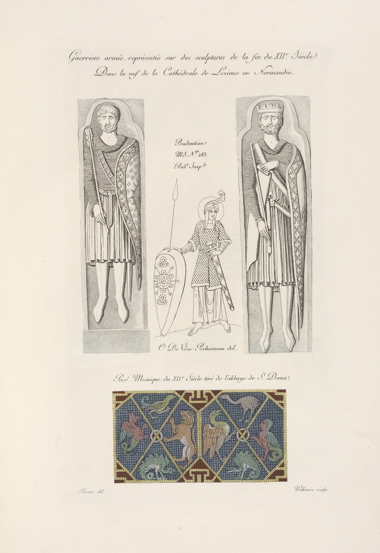 Nicolas Xavier Willemin - Guerriers armés, représentés sur des sculpture de la fin du XIIe. siècle. […] Pavé mosaïque du XIIe. siècle tiré de l’abbaye de St. Denis.