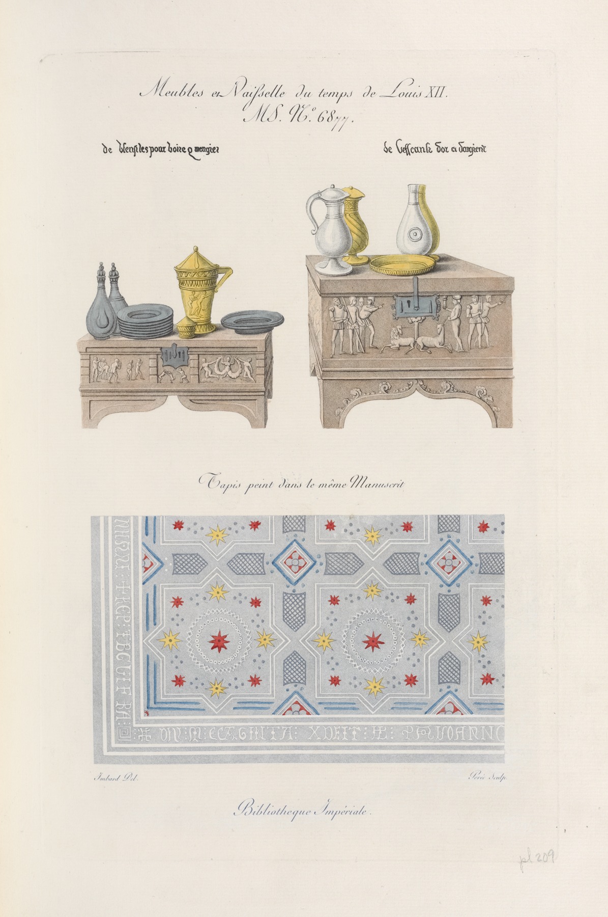 Nicolas Xavier Willemin - Meubles et vasisselle du temps de Louis XII. MS. no. 6877. […] Tapis peint dans le même manuscrit.