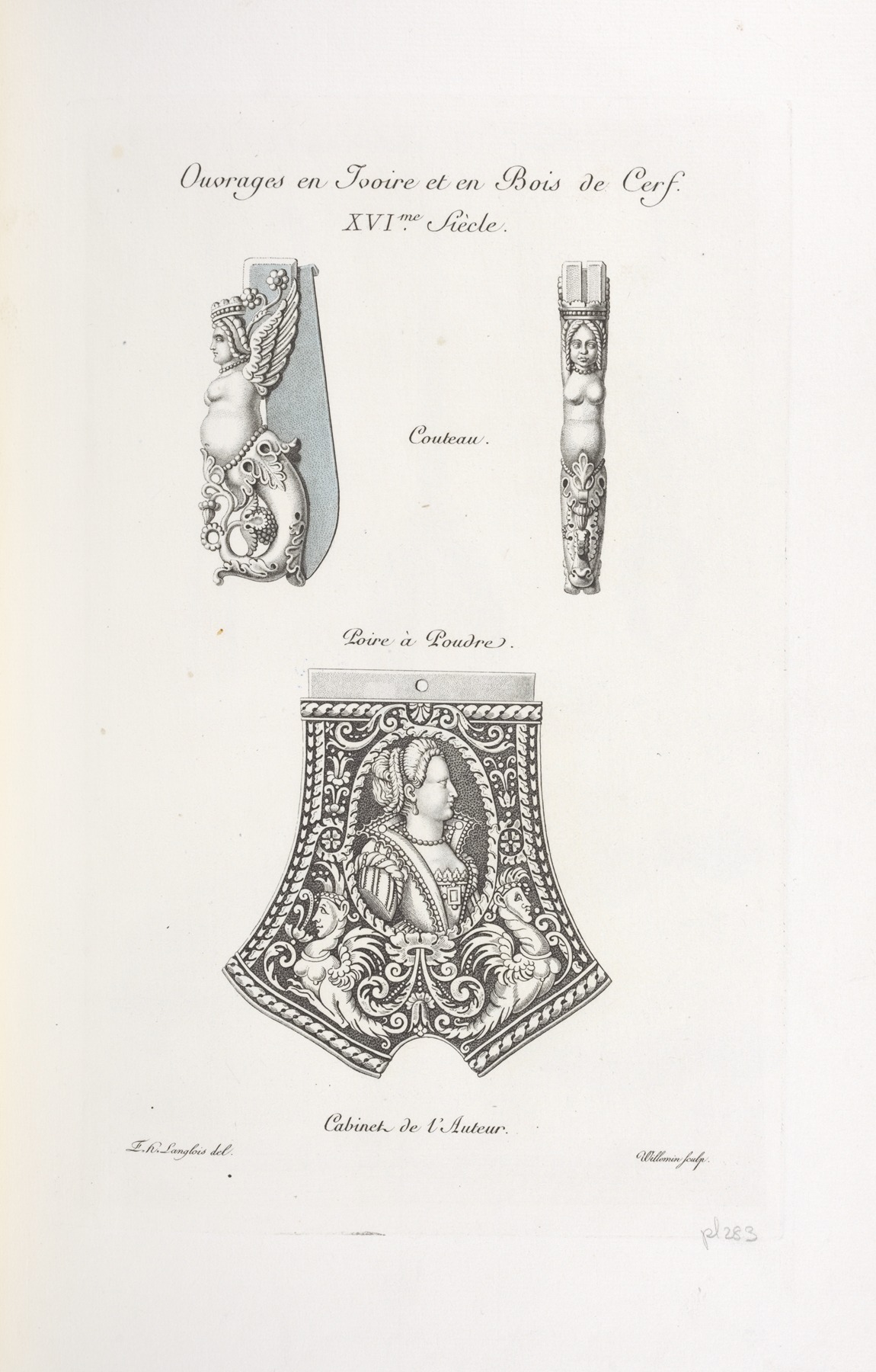 Nicolas Xavier Willemin - Ouvrages en ivoire et en bois de cerf. XVIme. siècle. Couteau. Poire à poudre.