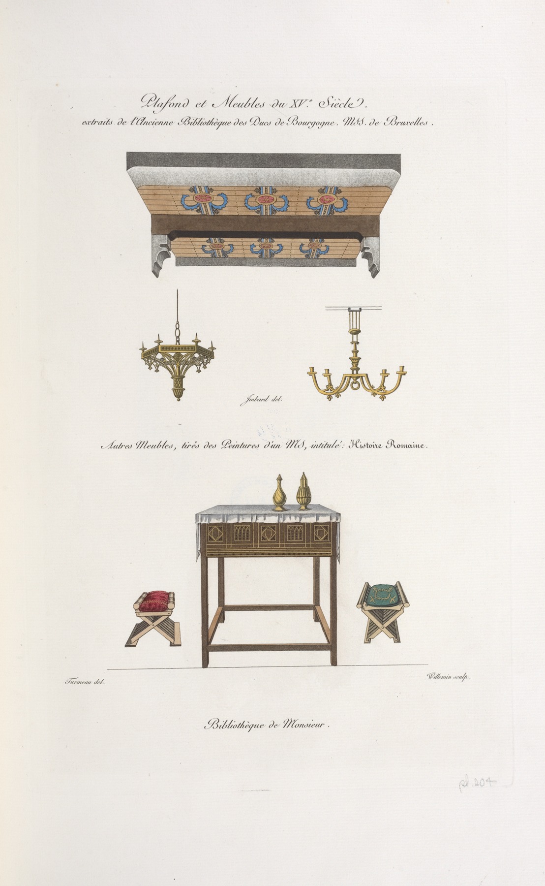 Nicolas Xavier Willemin - Plafond et meuble du XVe. siècle. Extraits de l’ancienne bibliothèque des ducs de Bourgogne. MSS. de Bruxelles