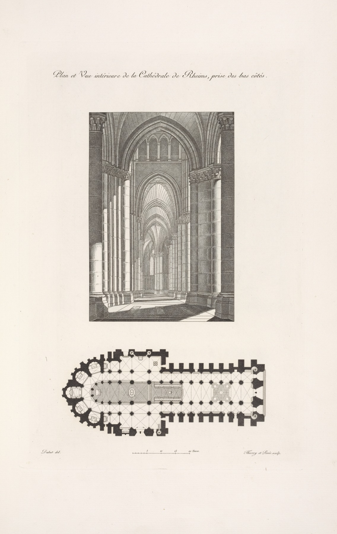 Nicolas Xavier Willemin - Plan et vue intérieure de la cathédrale de Rheims, prise des bas côtés.