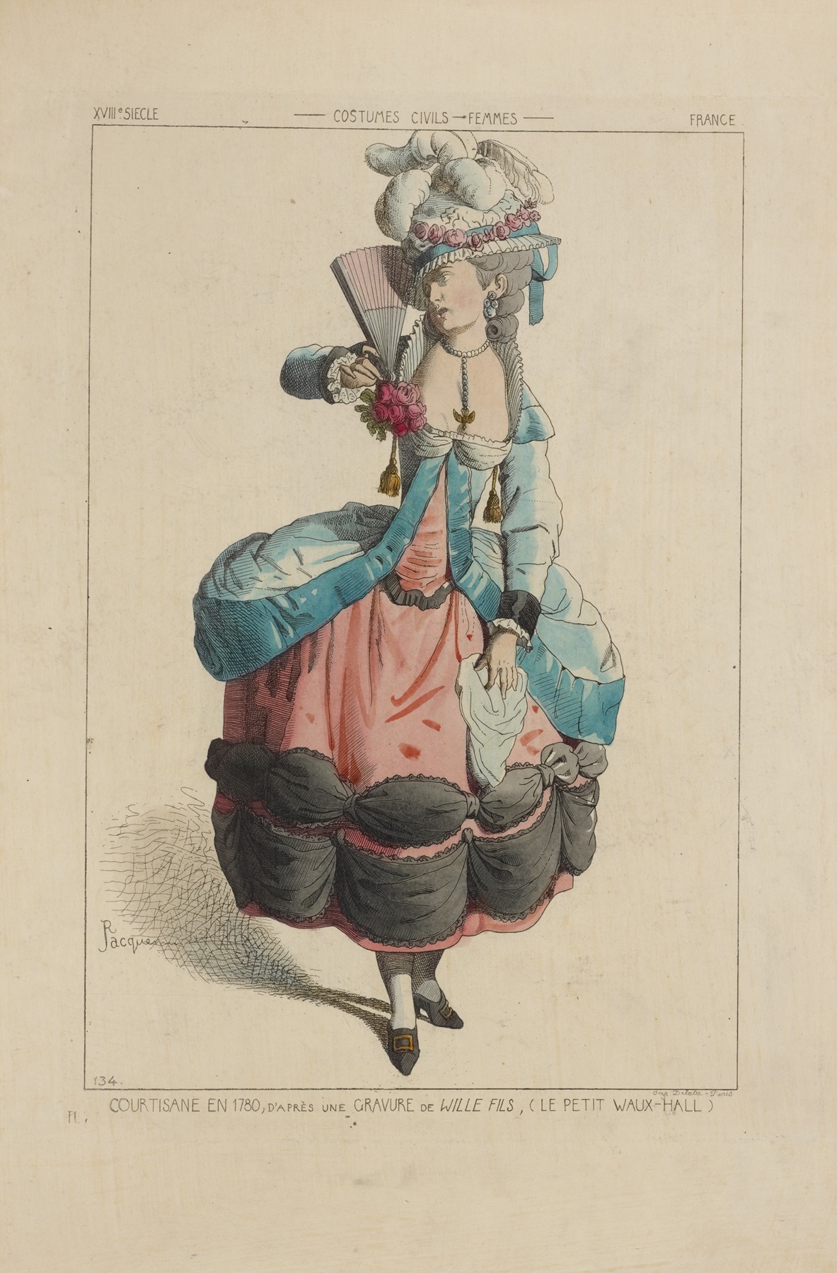 Raphaël Jacquemin - Courtisane en 1780, d’après une gravure de Wille Fils, (le petit Waux-Hall). XVIIIe siècle, costumes civils, femmes, France.