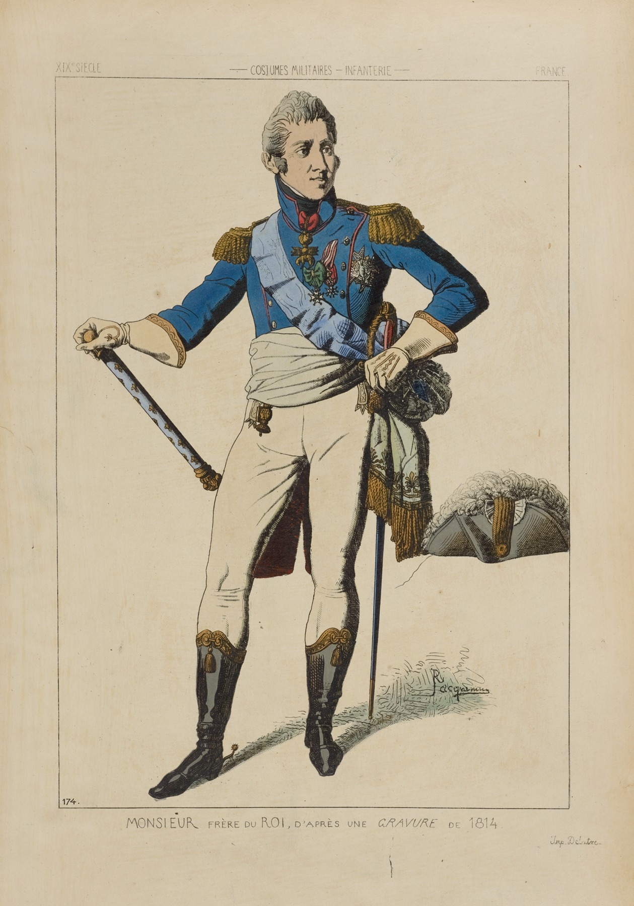 Raphaël Jacquemin - Monsieur frère du roi, d’après une gravure de 1814. XIXe siècle, costumes militaires, infanterie, France.