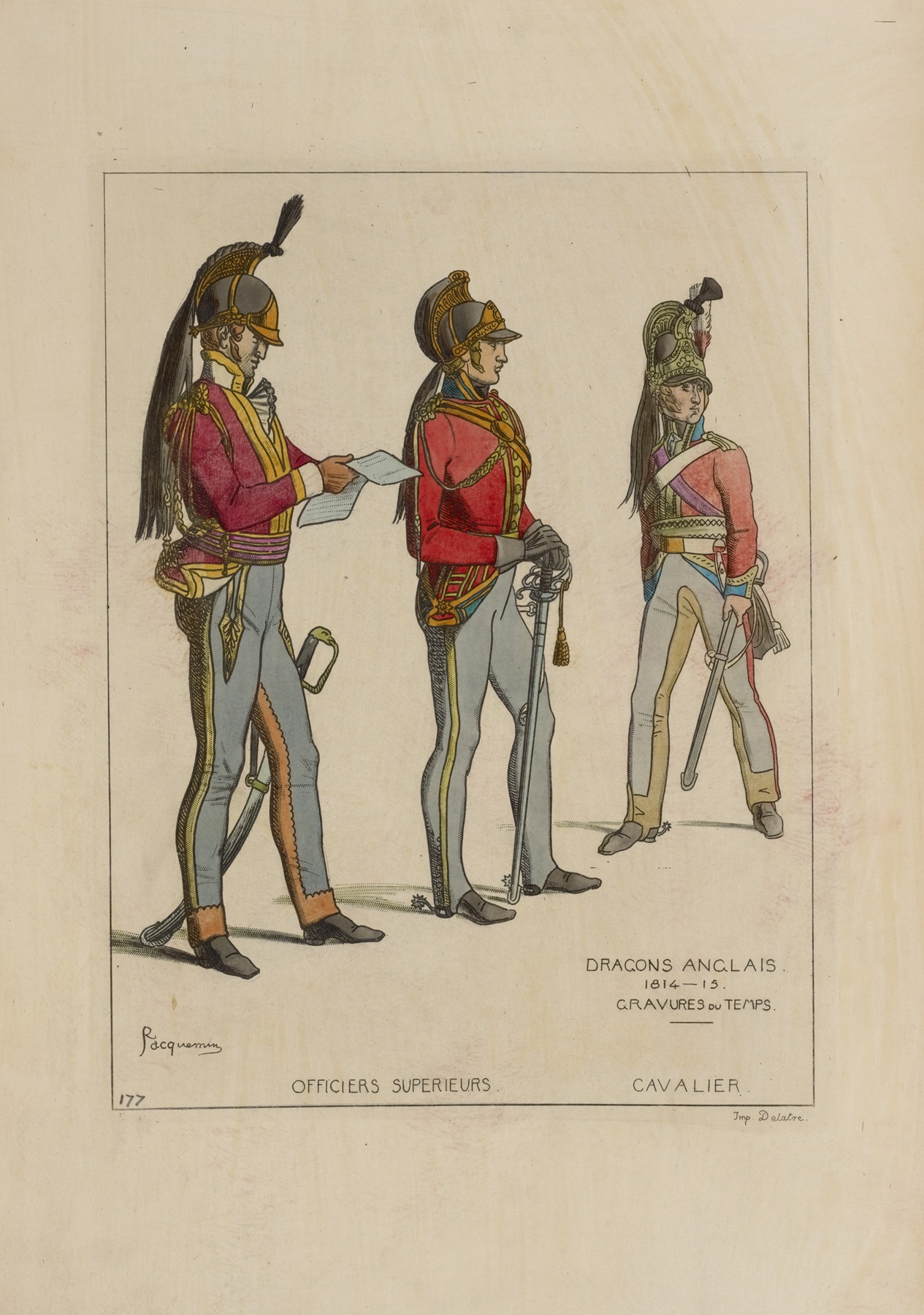 Raphaël Jacquemin - Officiers superieurs. Cavalier. Dragons Anglais. 1814-15. Gravures du temps.