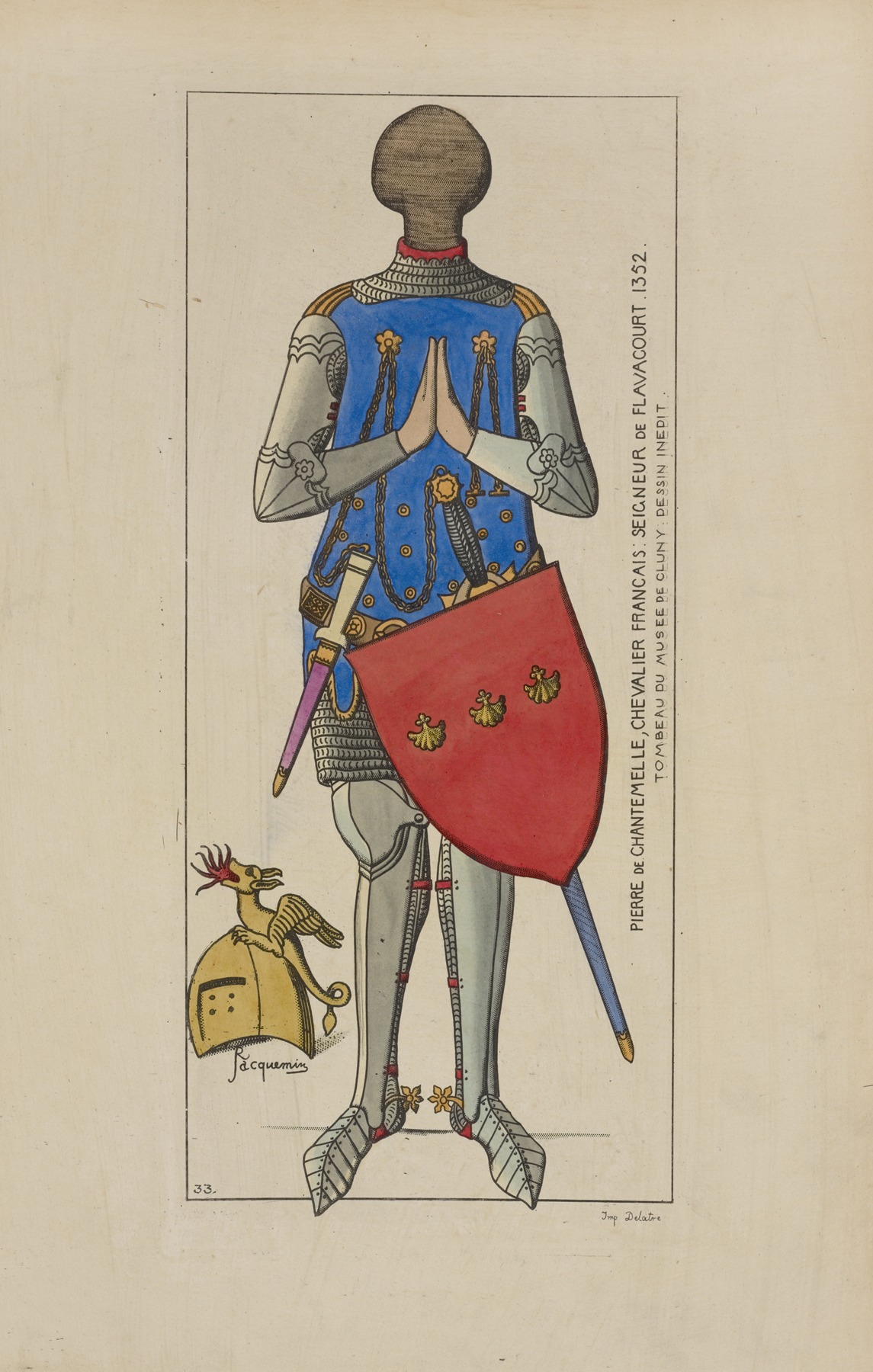 Raphaël Jacquemin - Pierre de Chantemelle, chevalier Francais; siegneur de Flavacourt 1352. Tombeau de Musée de Cluny dessin inédit.