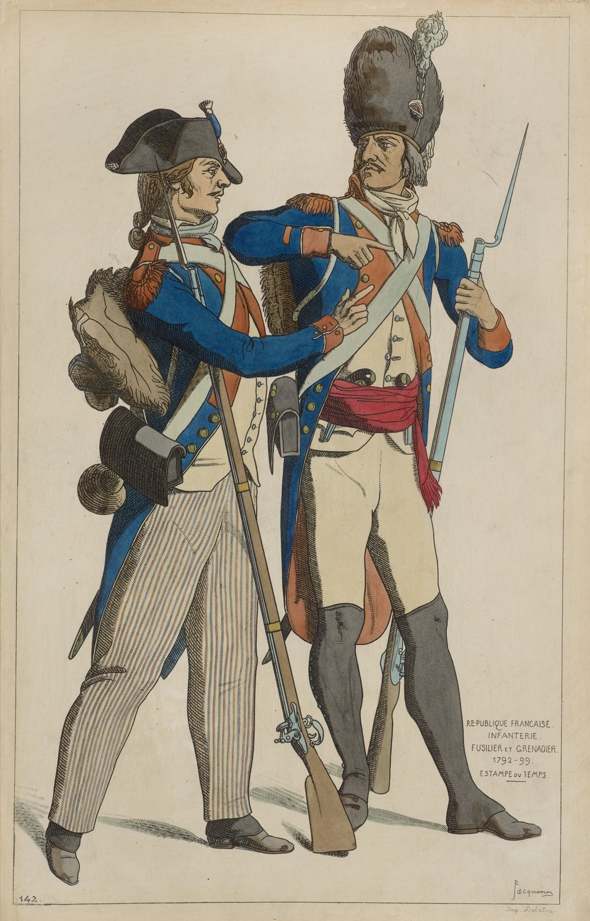 Raphaël Jacquemin - Republique Francaise infanterie. Fusilier et grenadier. 1792-99. Estampe du temps.