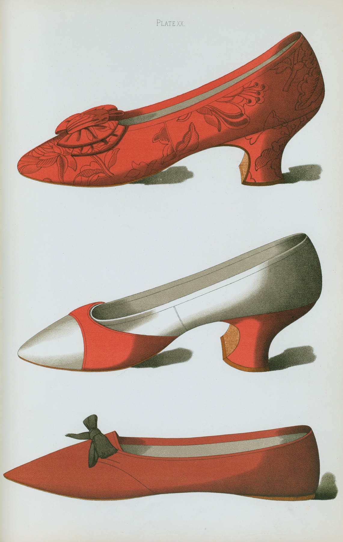 T. Watson Greig - Brocade shoe; red and white satin shoe; shoe belonging to Rosa Anderson, a fair maid of Perth