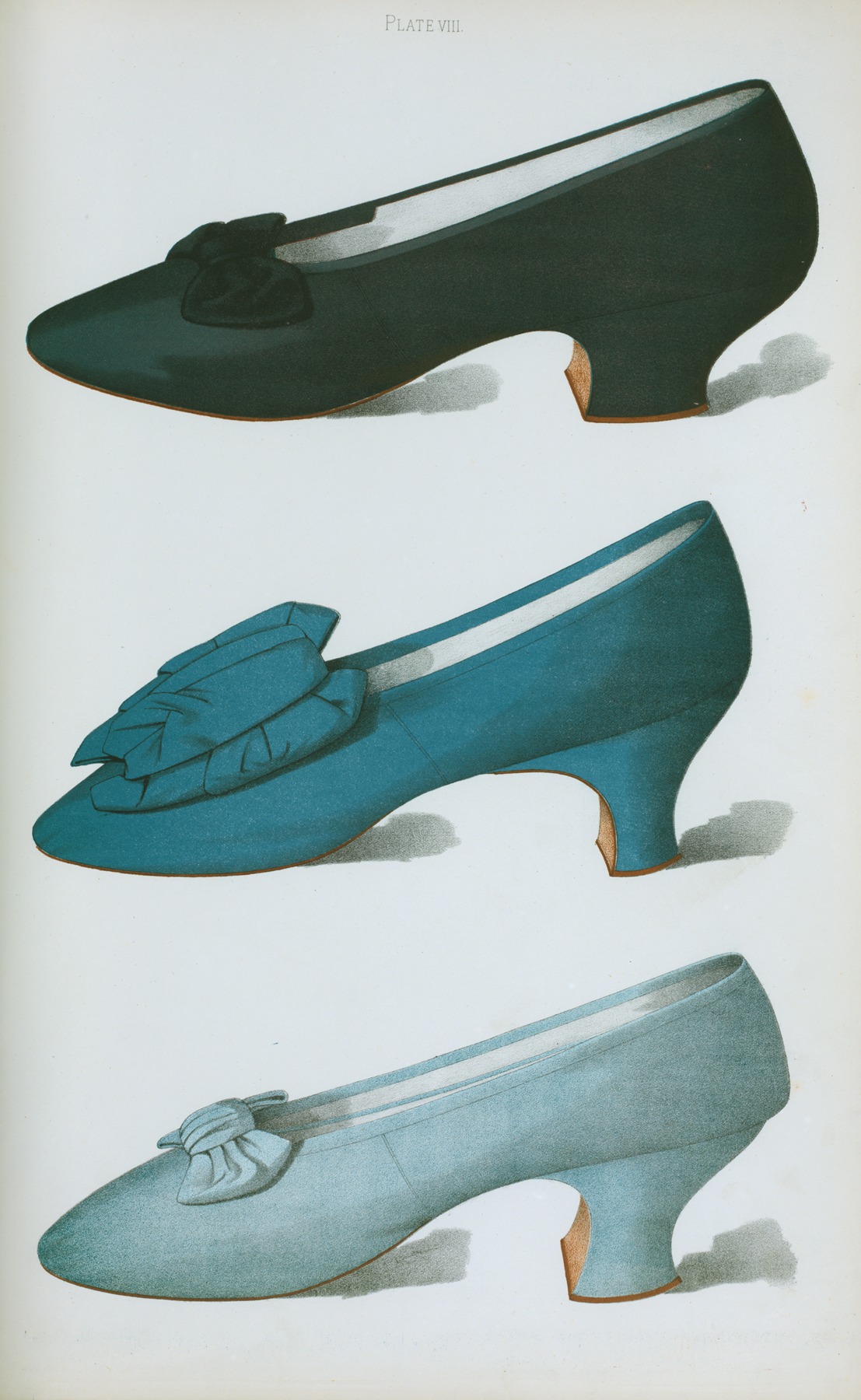 T. Watson Greig - Deep rich purple satin shoe with bow, made by Meier of Paris; English shoe of bright blue silk; pale blue silk shoe