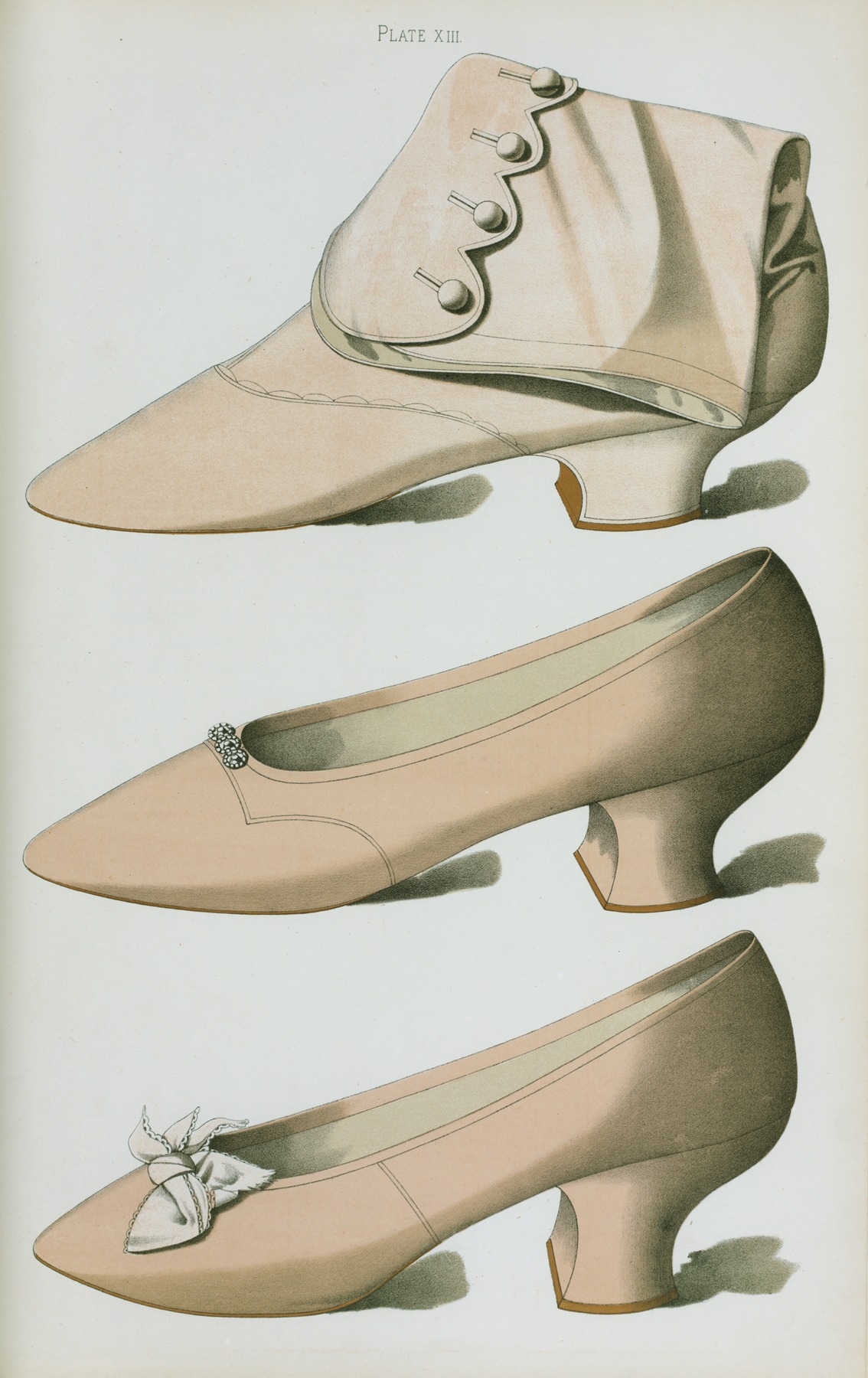 T. Watson Greig - Heliotrope colored footwear ; satin boot; satin shoe with trio of steel daisies; satin bridesmaid’s shoe with silk ribbon bow