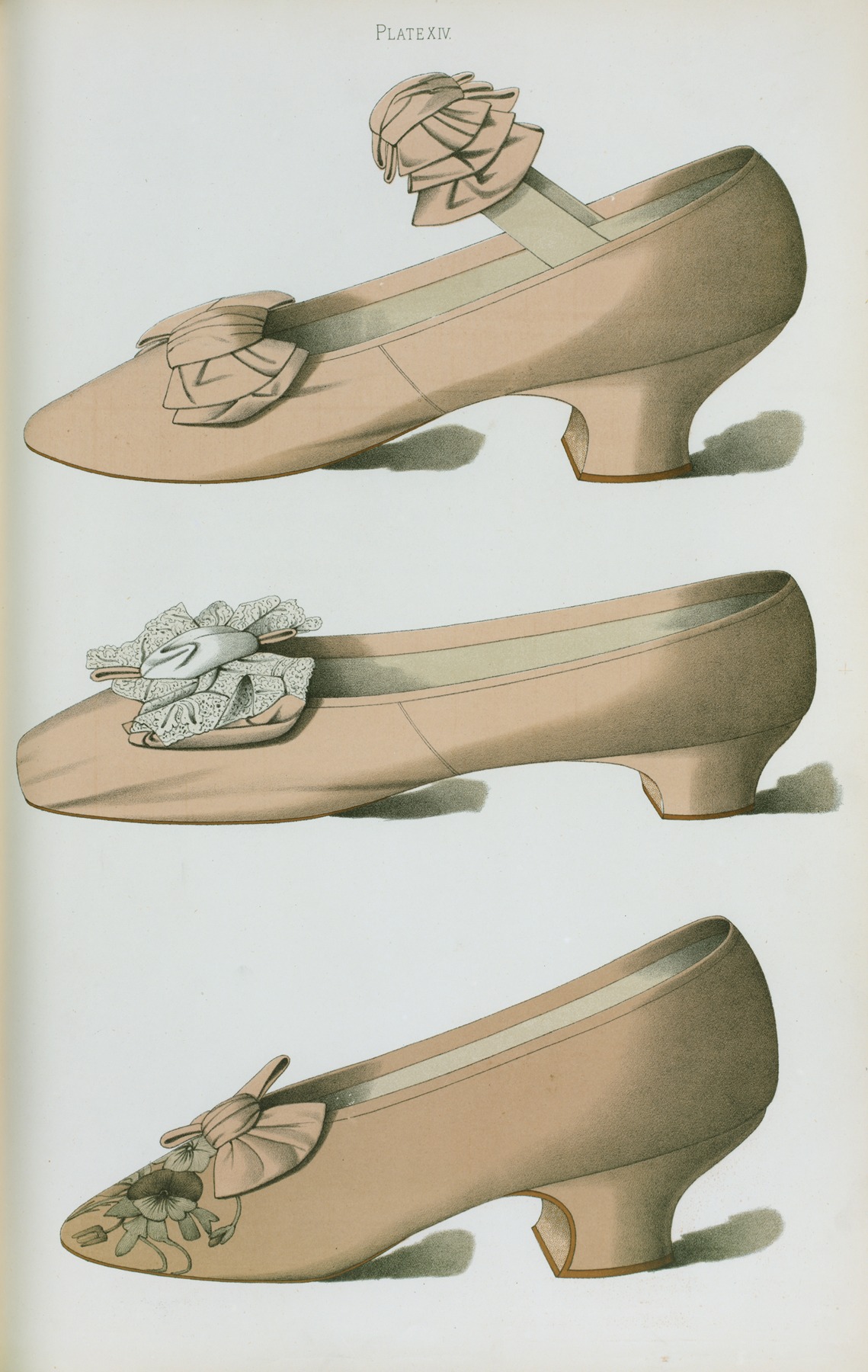 T. Watson Greig - Heliotrope satin shoe with bow of the same material covering elastic strap; heliotrope silk shoe, decorated with real lace