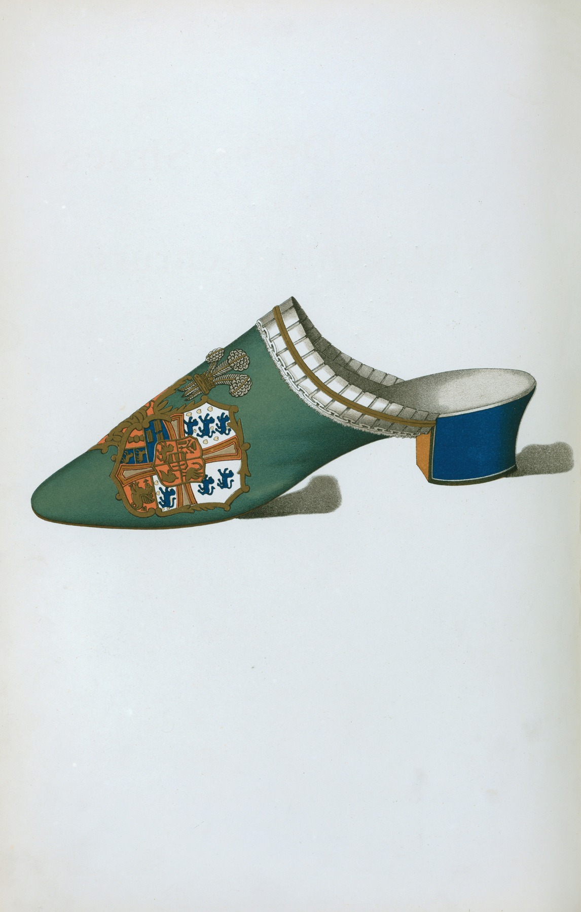 T. Watson Greig - Mule or bedroom slipper in green velvet, with coat of arms embroidered in silk and metallic threads
