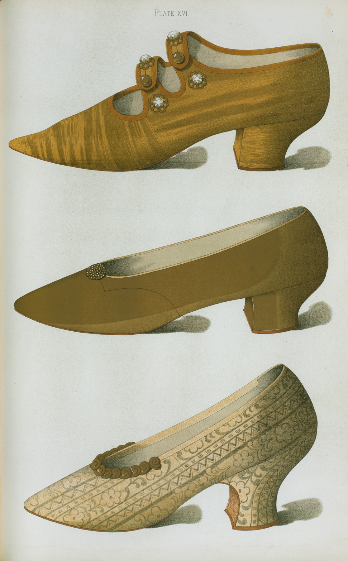 T. Watson Greig - Shoe of cloth of gold, with gilt buttons and crystal studs, and elongated toe